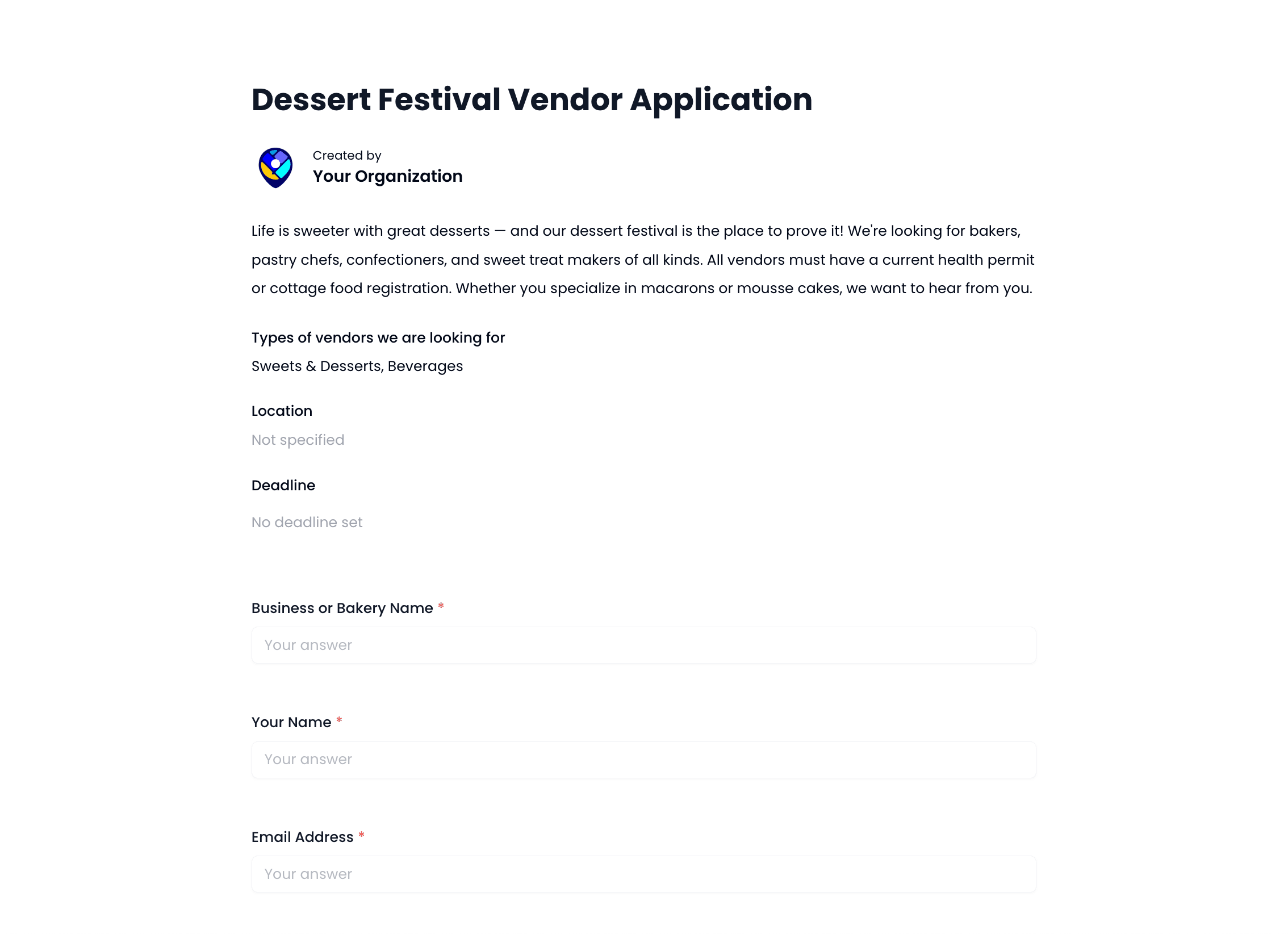 Dessert Festival Vendor Application Template preview