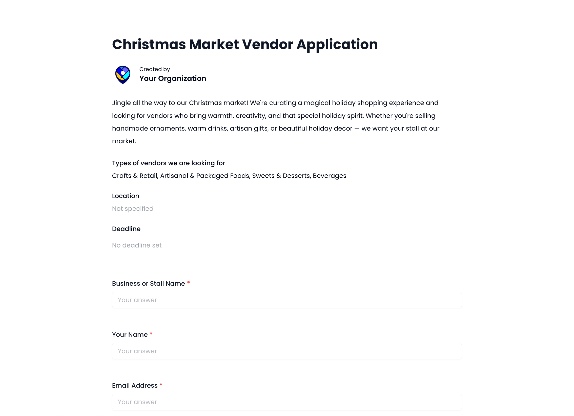 Christmas Market Vendor Application Template preview