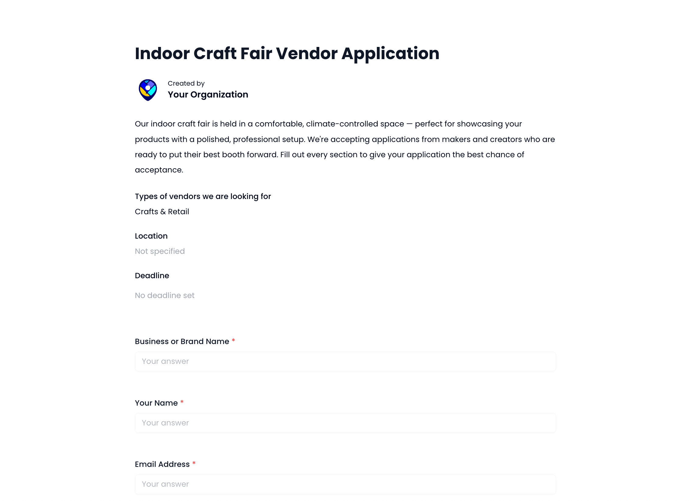 Indoor Craft Fair Vendor Application Template preview