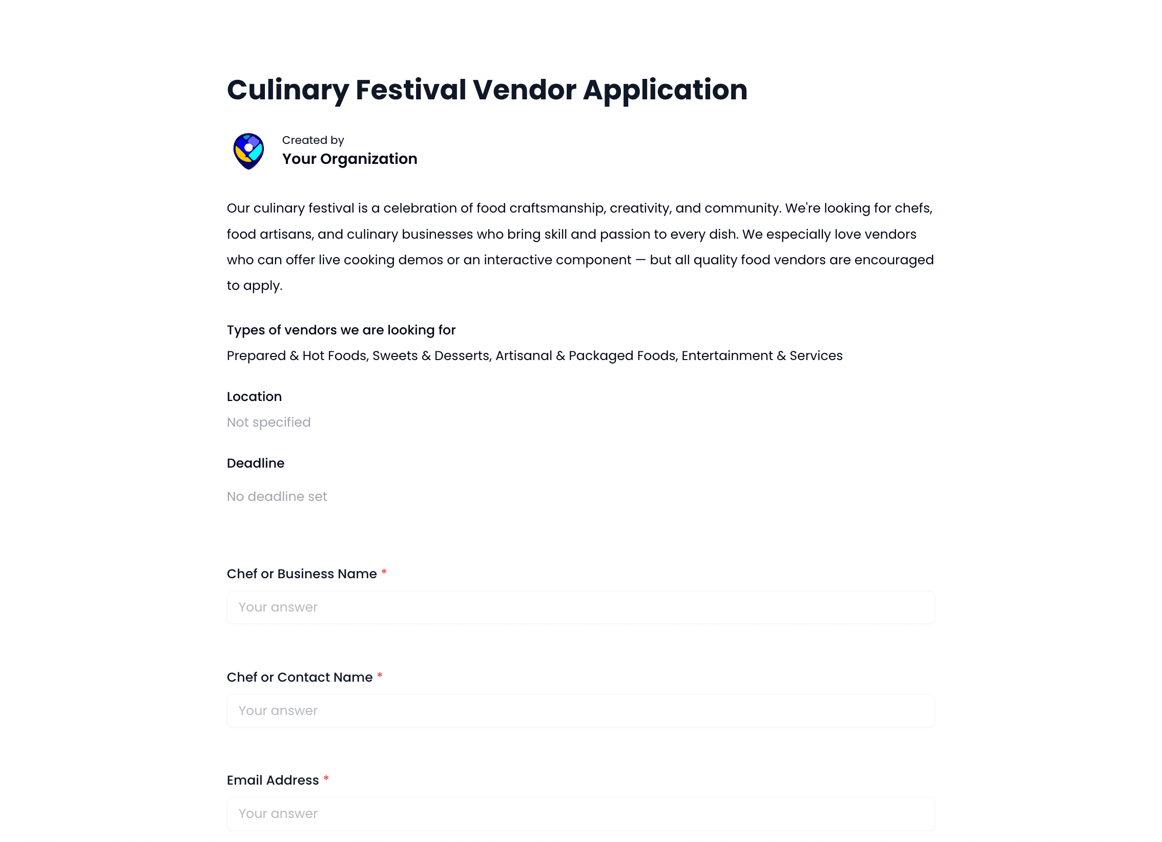 Culinary Festival Vendor Application Template preview