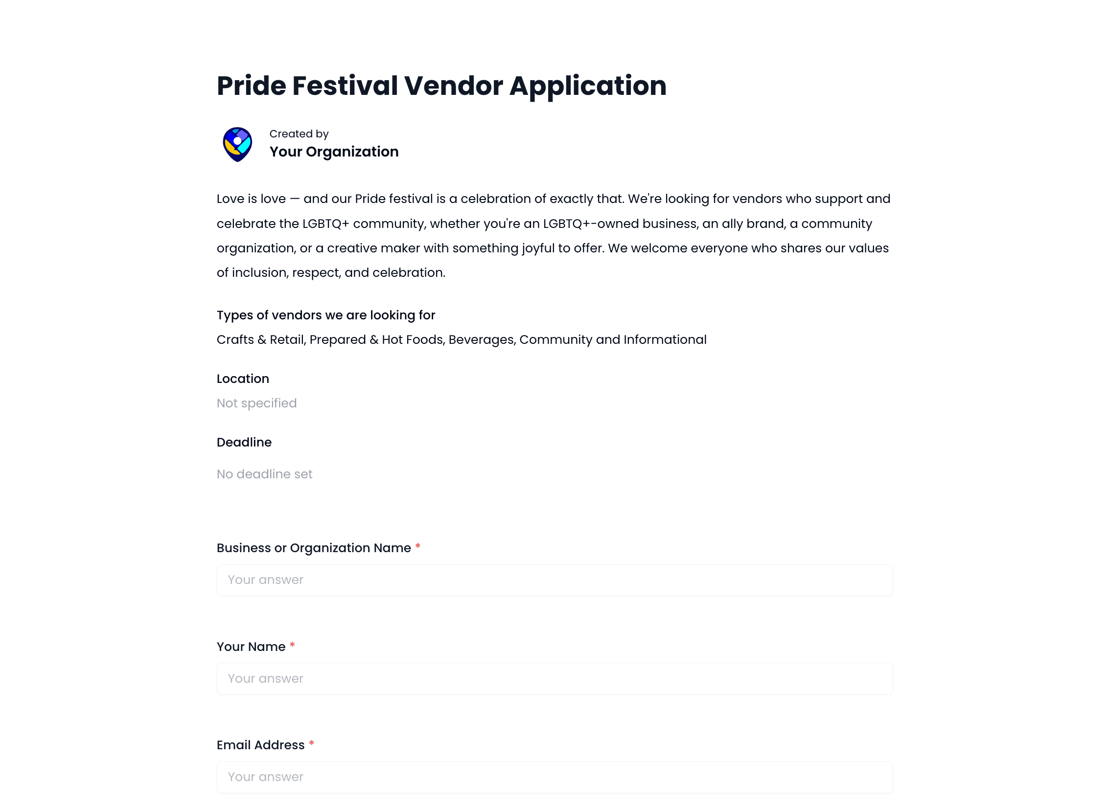 Pride Festival Vendor Application Template preview