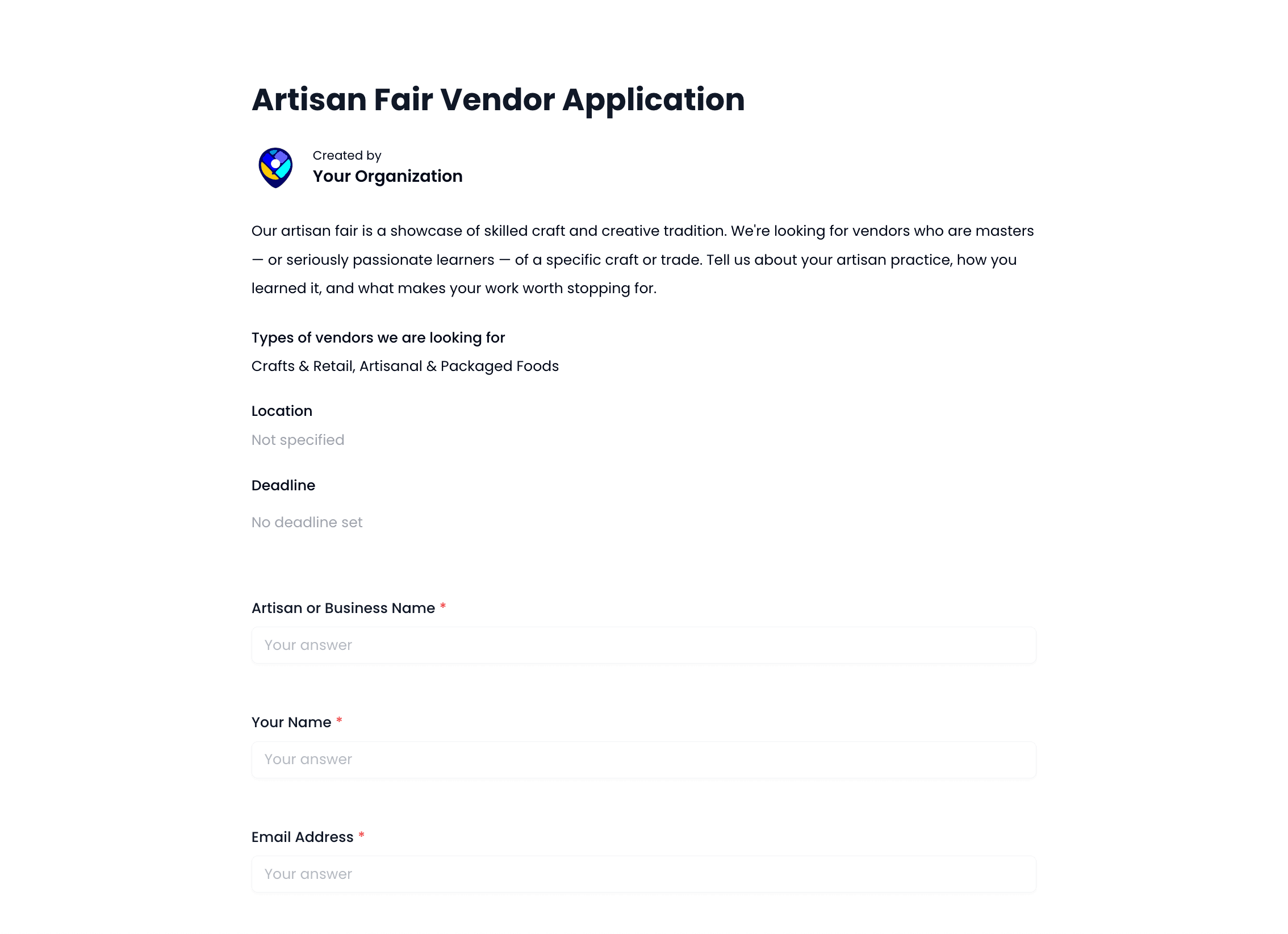 Artisan Fair Vendor Application Template preview