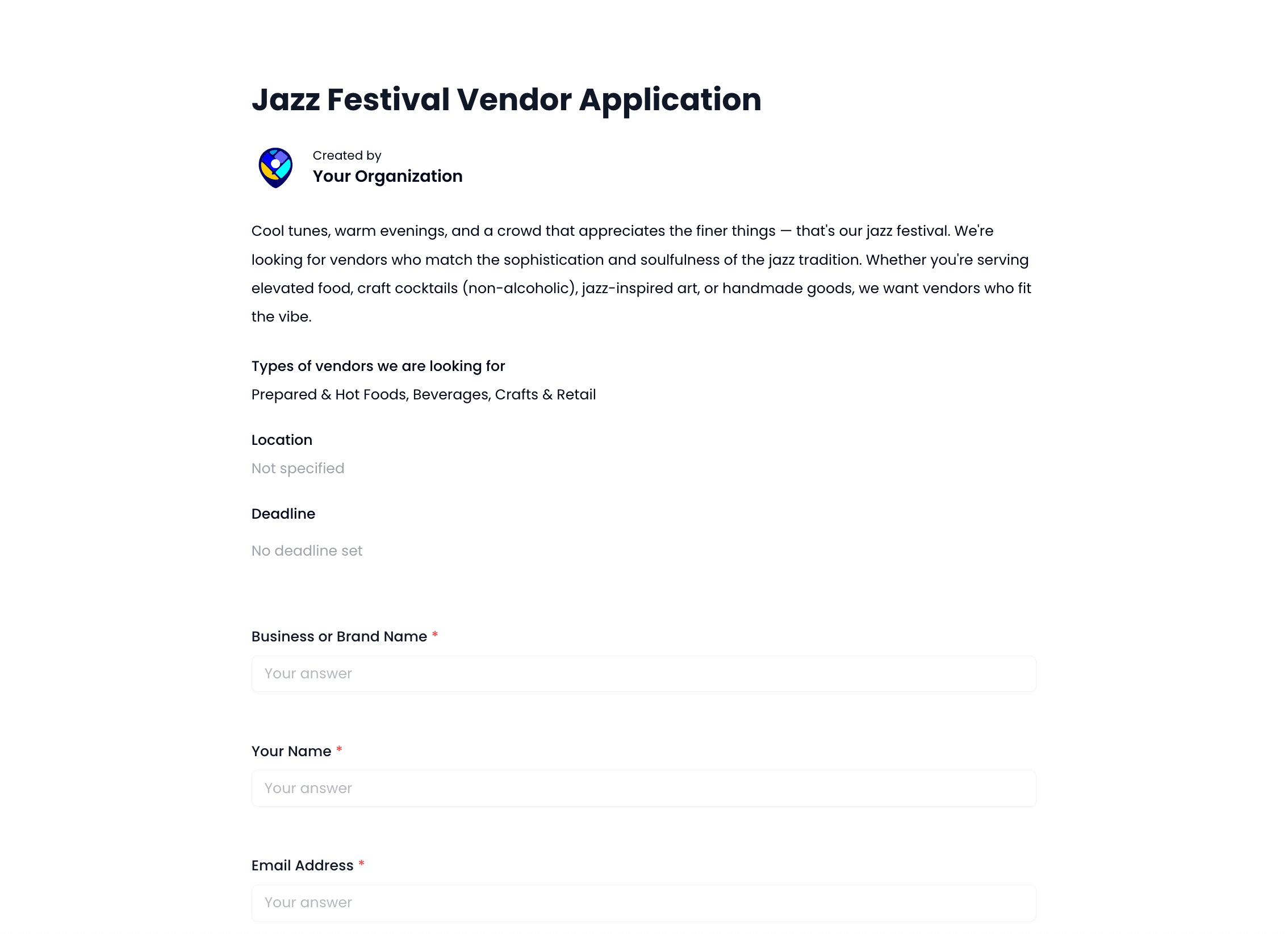 Jazz Festival Vendor Application Template preview