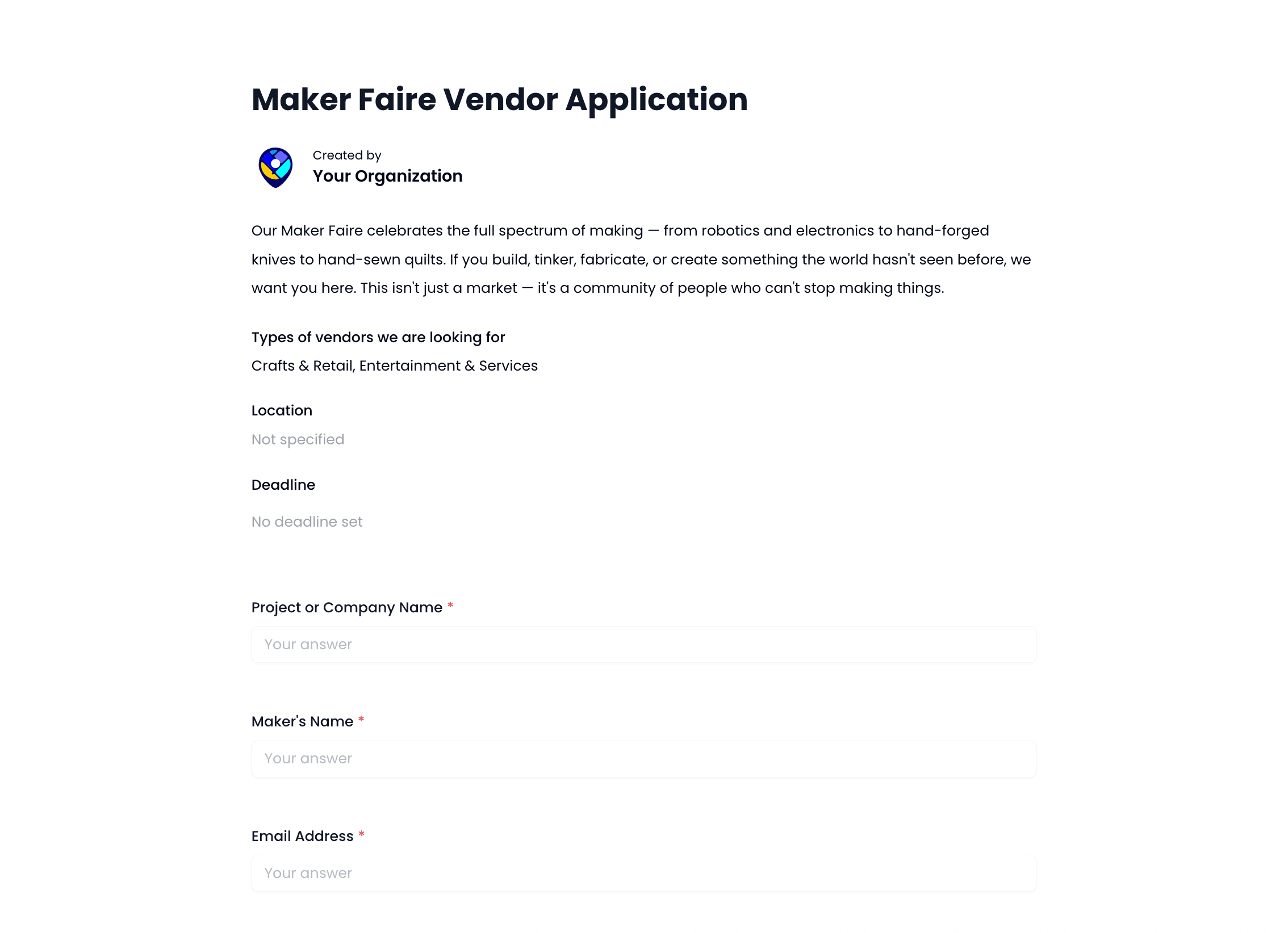 Maker Faire Vendor Application Template preview