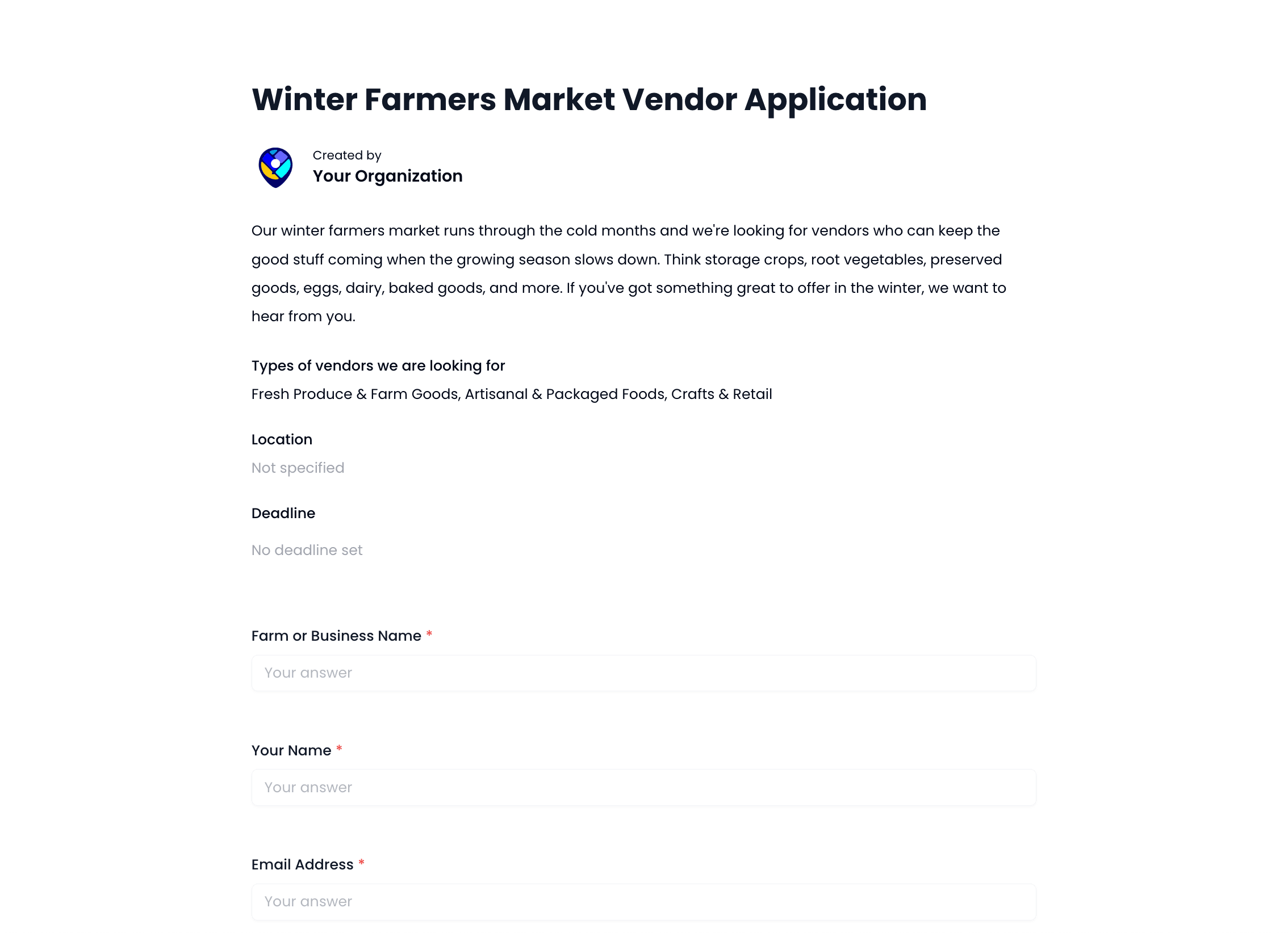 Winter Farmers Market Vendor Application Template preview
