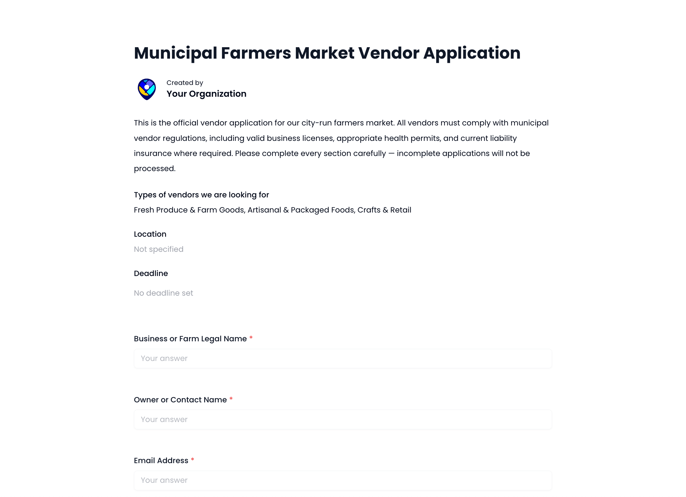 Municipal Farmers Market Vendor Application Template preview