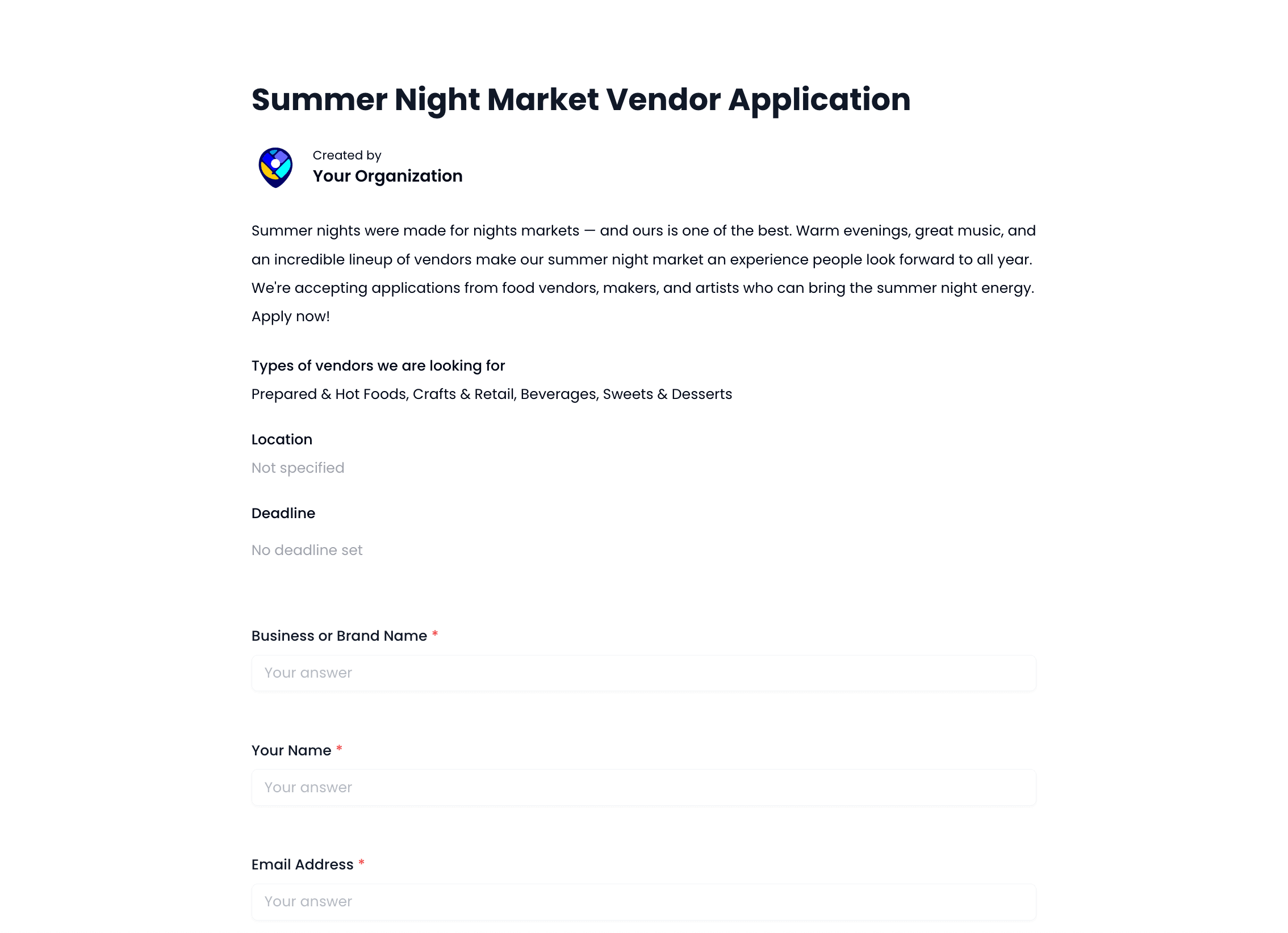 Summer Night Market Vendor Application Template preview