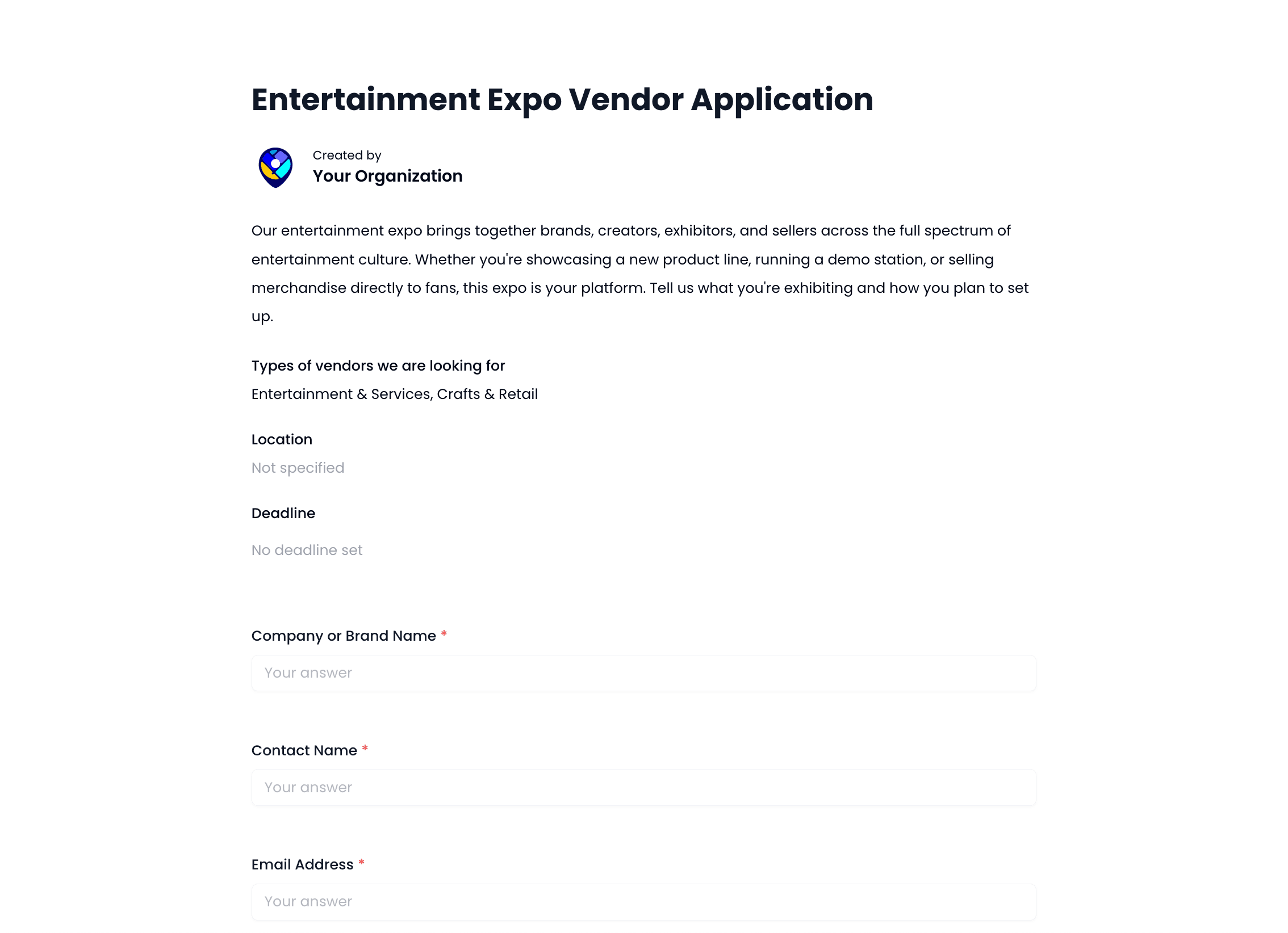 Entertainment Expo Vendor Application Template preview