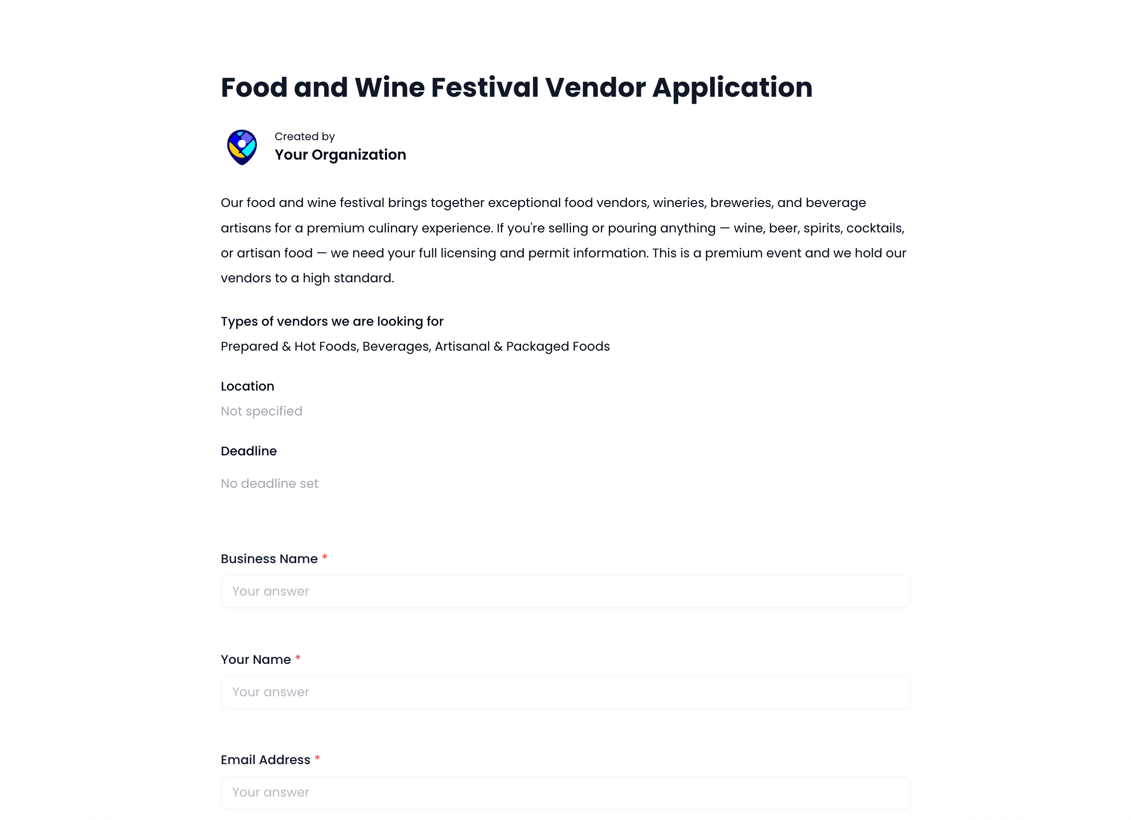 Food and Wine Festival Vendor Application Template preview