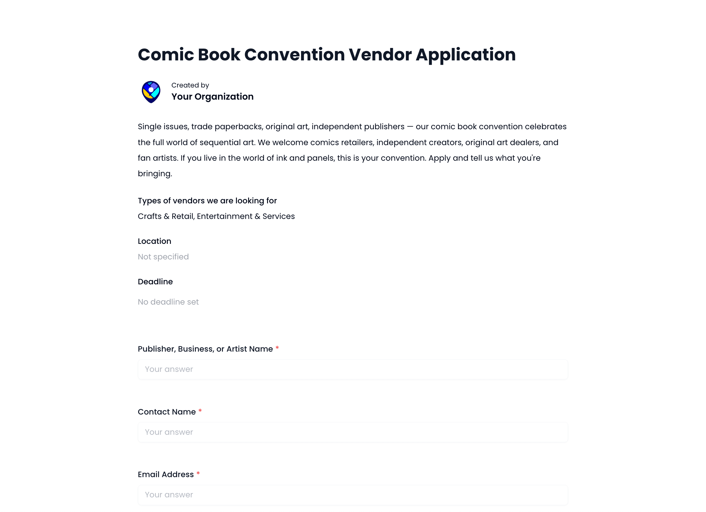Comic Book Convention Vendor Application Template preview