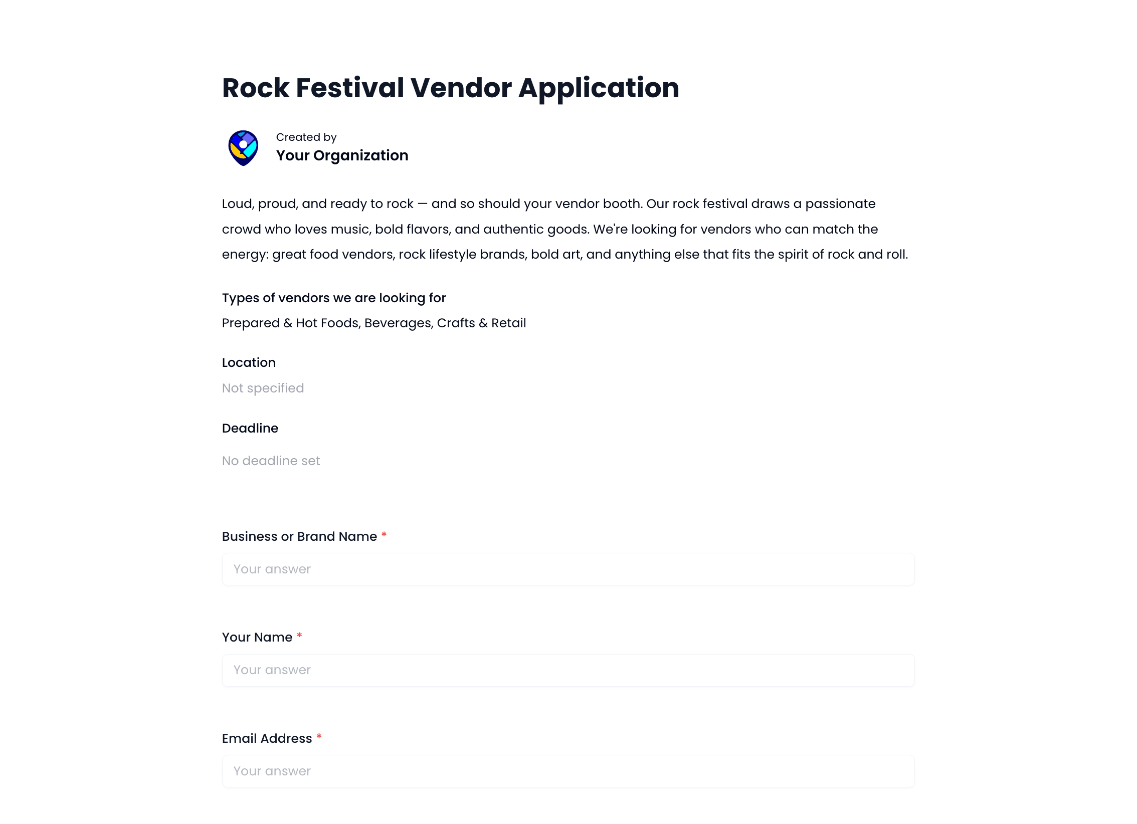 Rock Festival Vendor Application Template preview