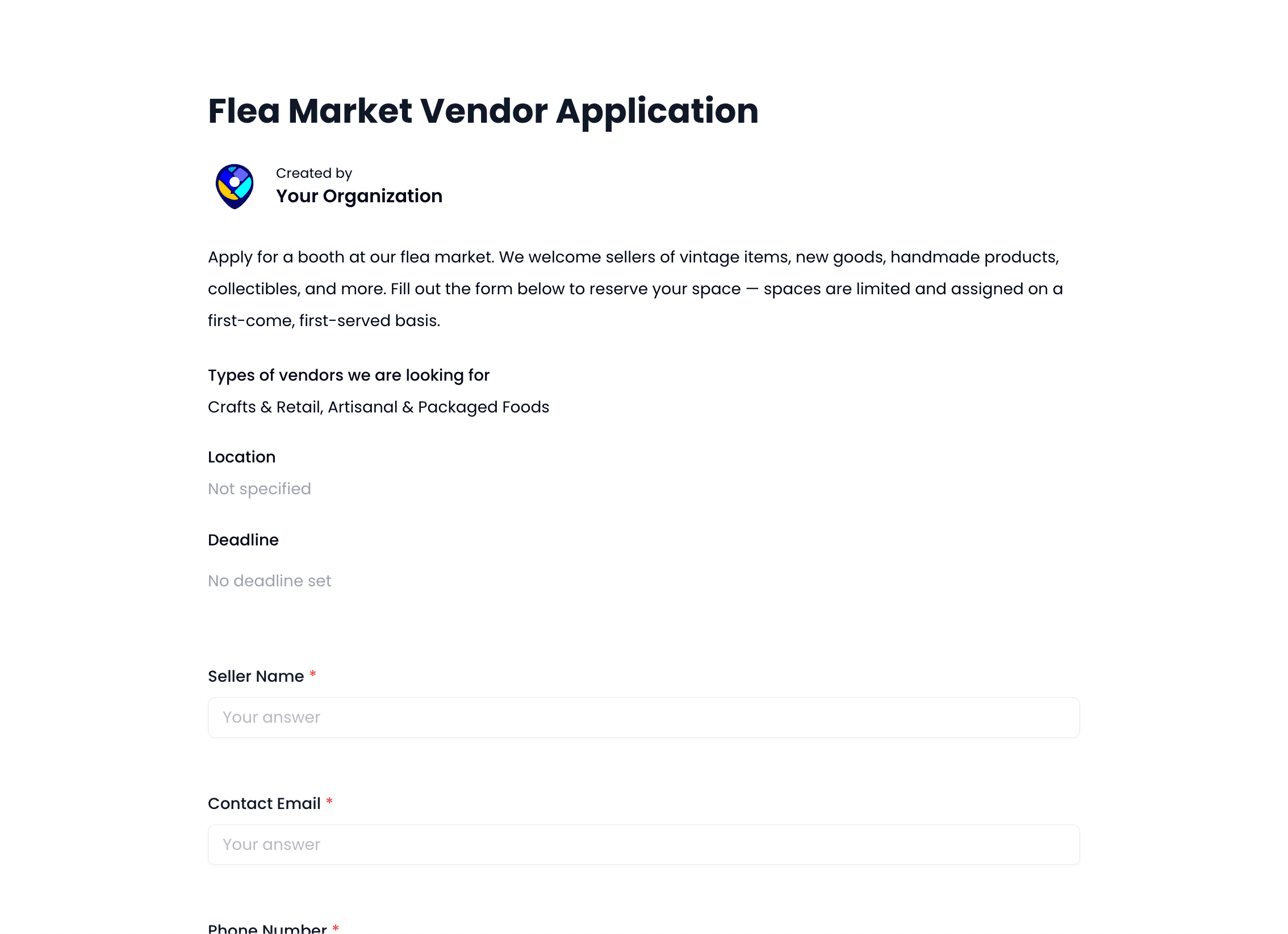Free Flea Market Vendor Application Template preview
