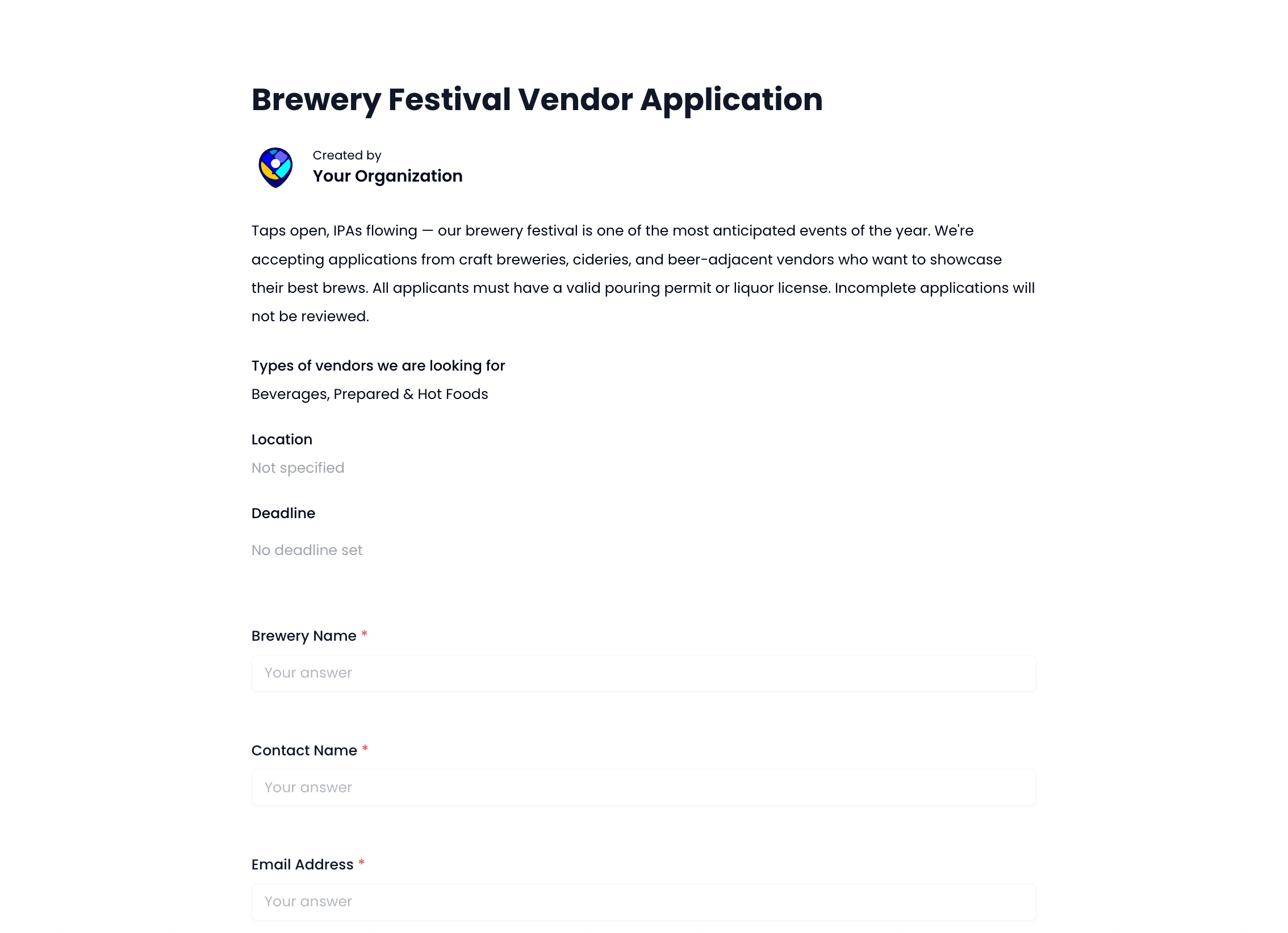 Brewery Festival Vendor Application Template preview