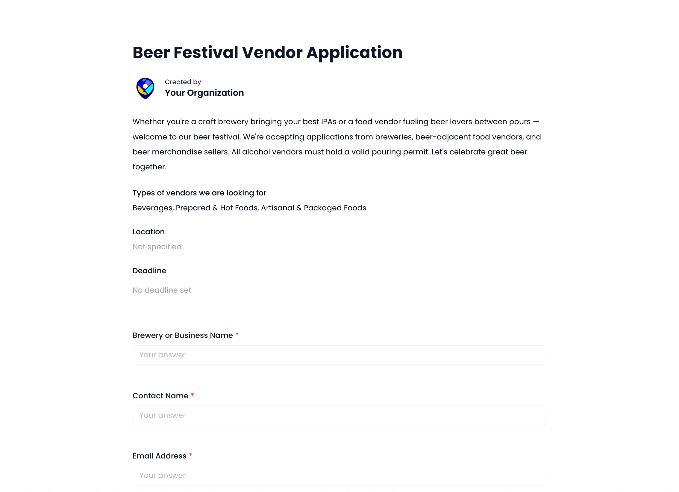 Beer Festival Vendor Application Template preview