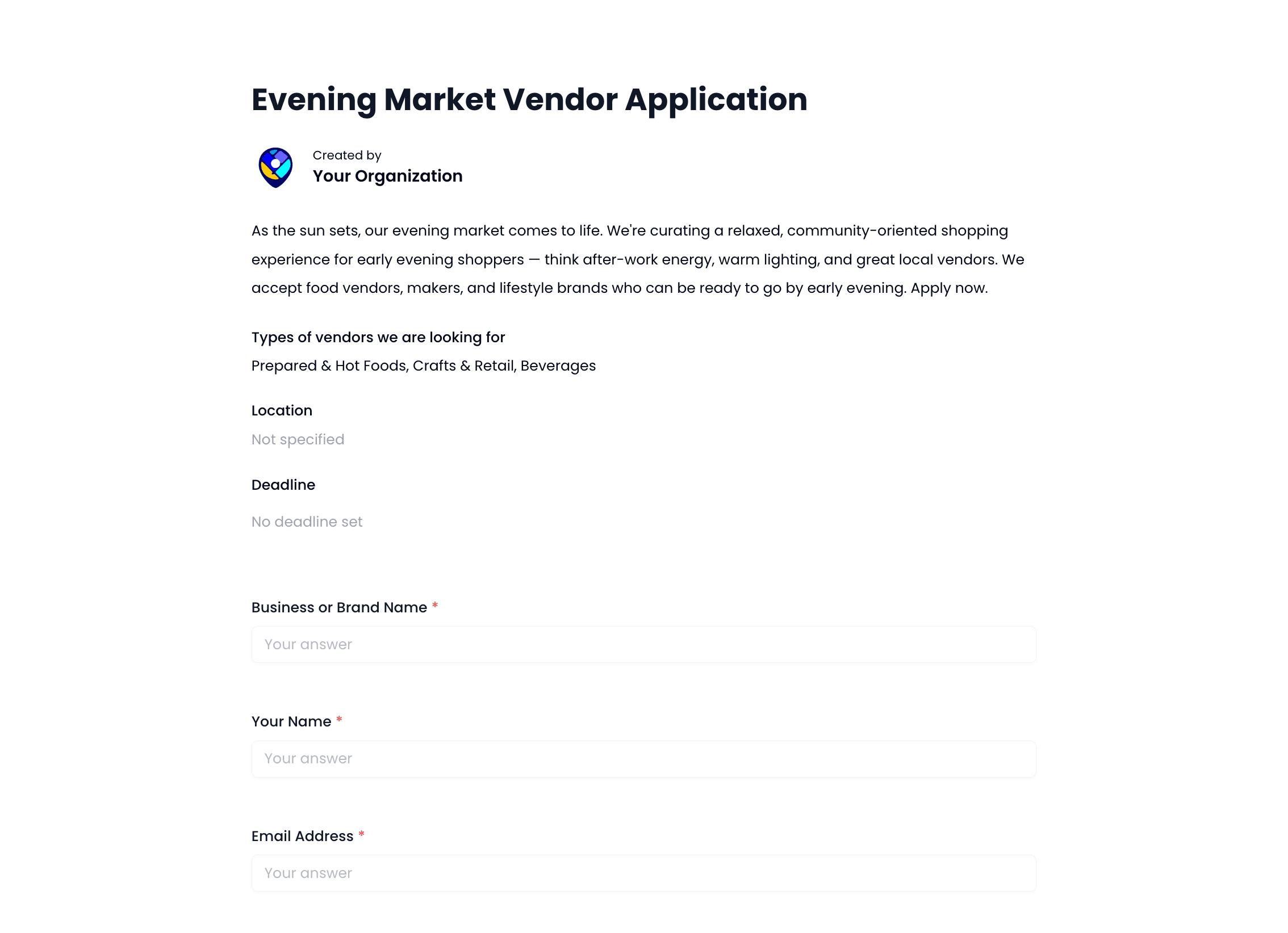 Evening Market Vendor Application Template preview