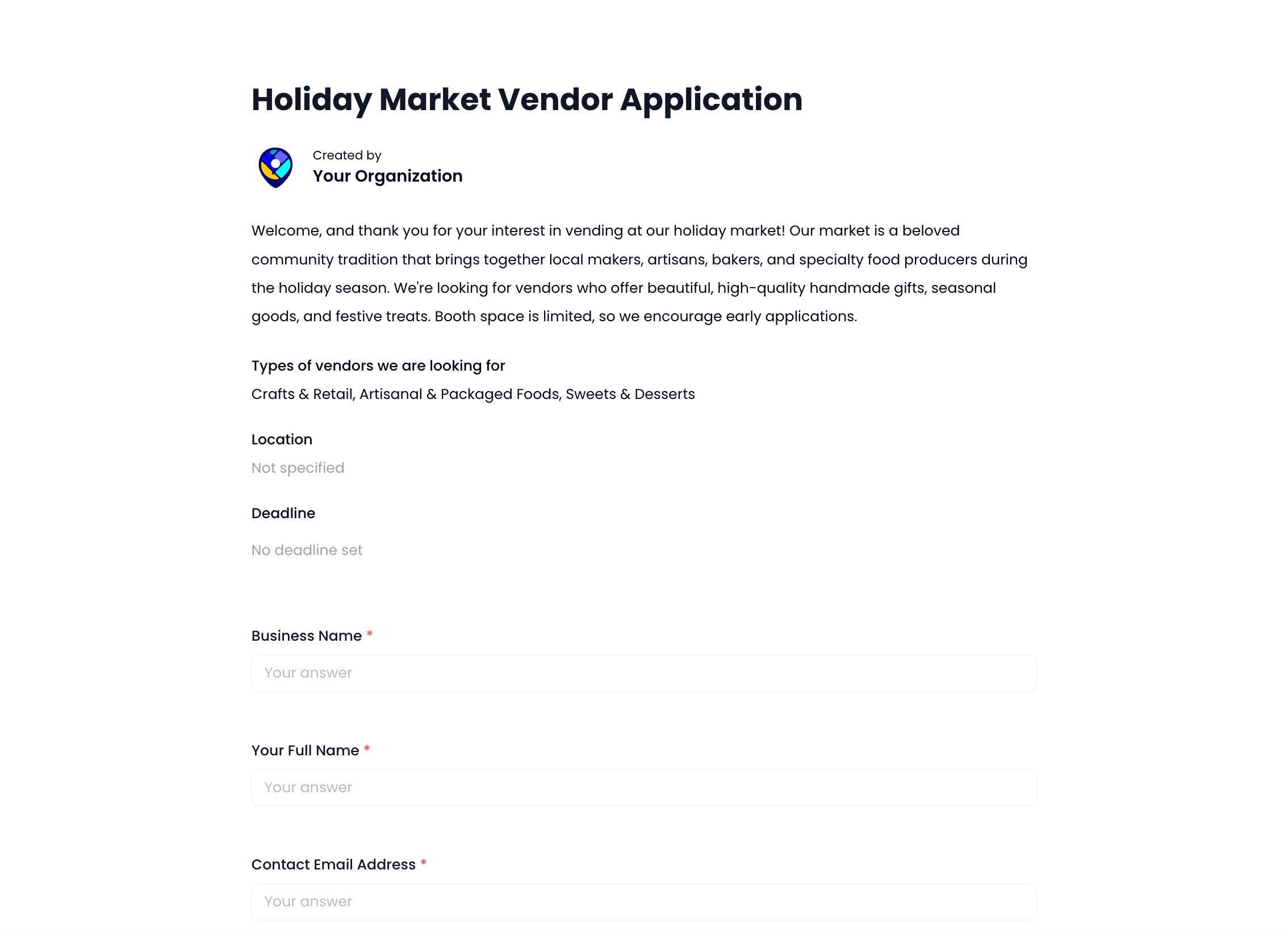 Holiday Market Vendor Application Template preview