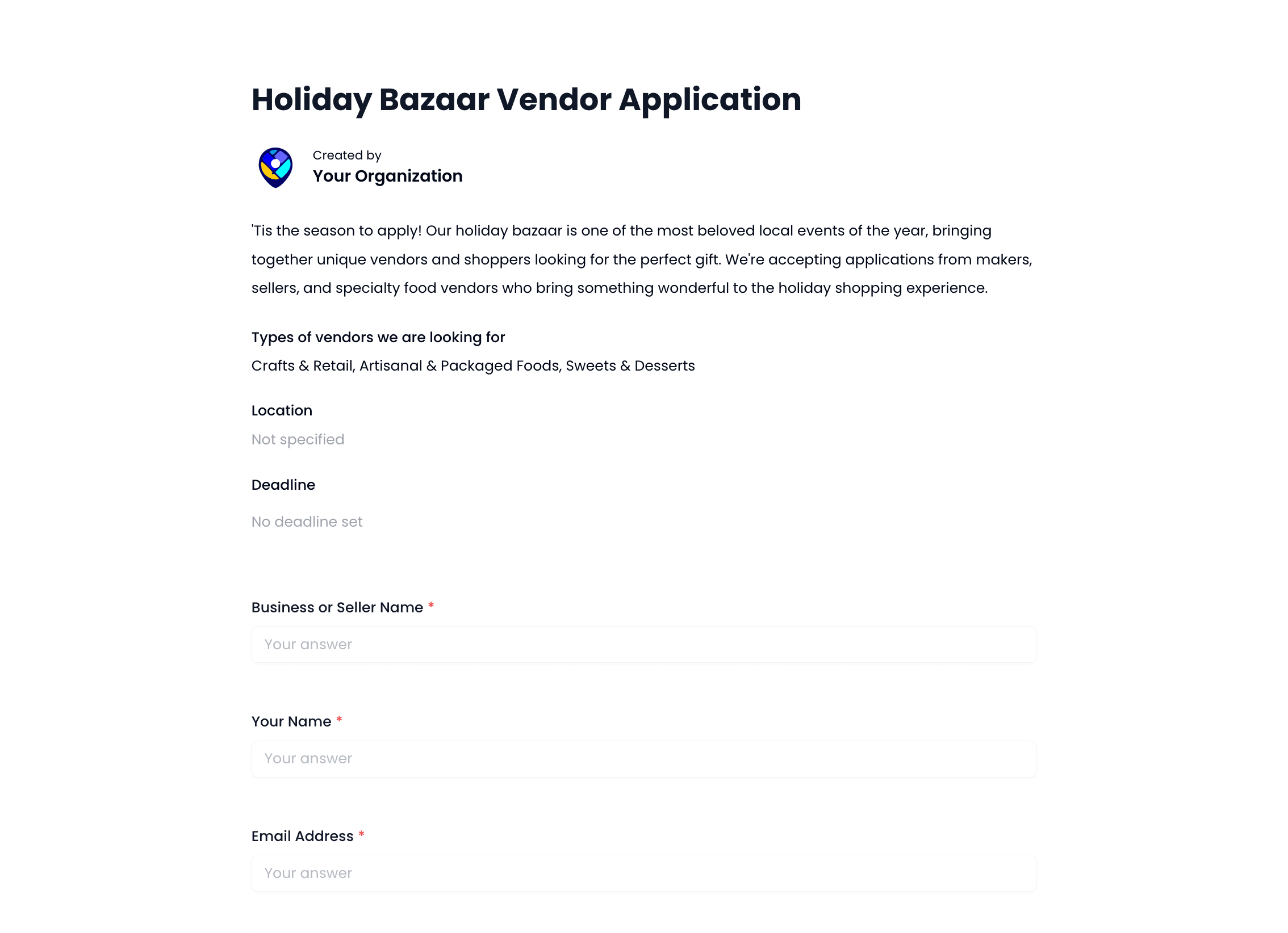 Holiday Bazaar Vendor Application Template preview
