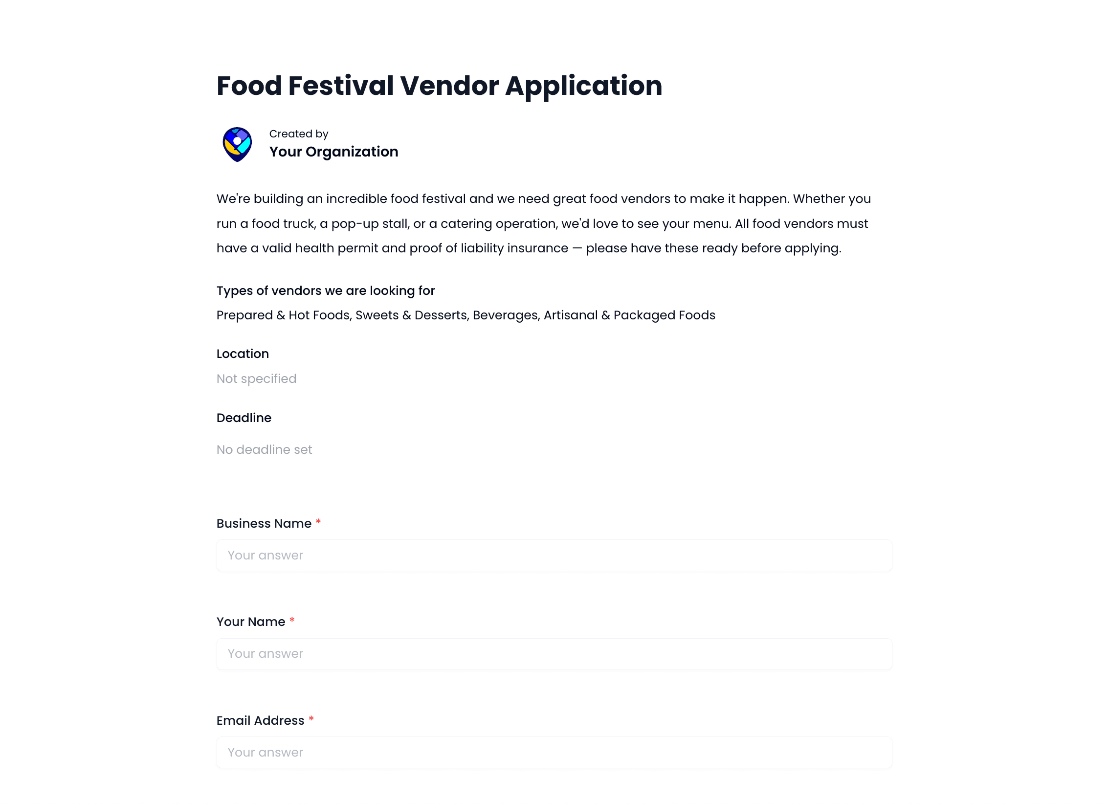 Ethnic Food Festival Vendor Application Template preview