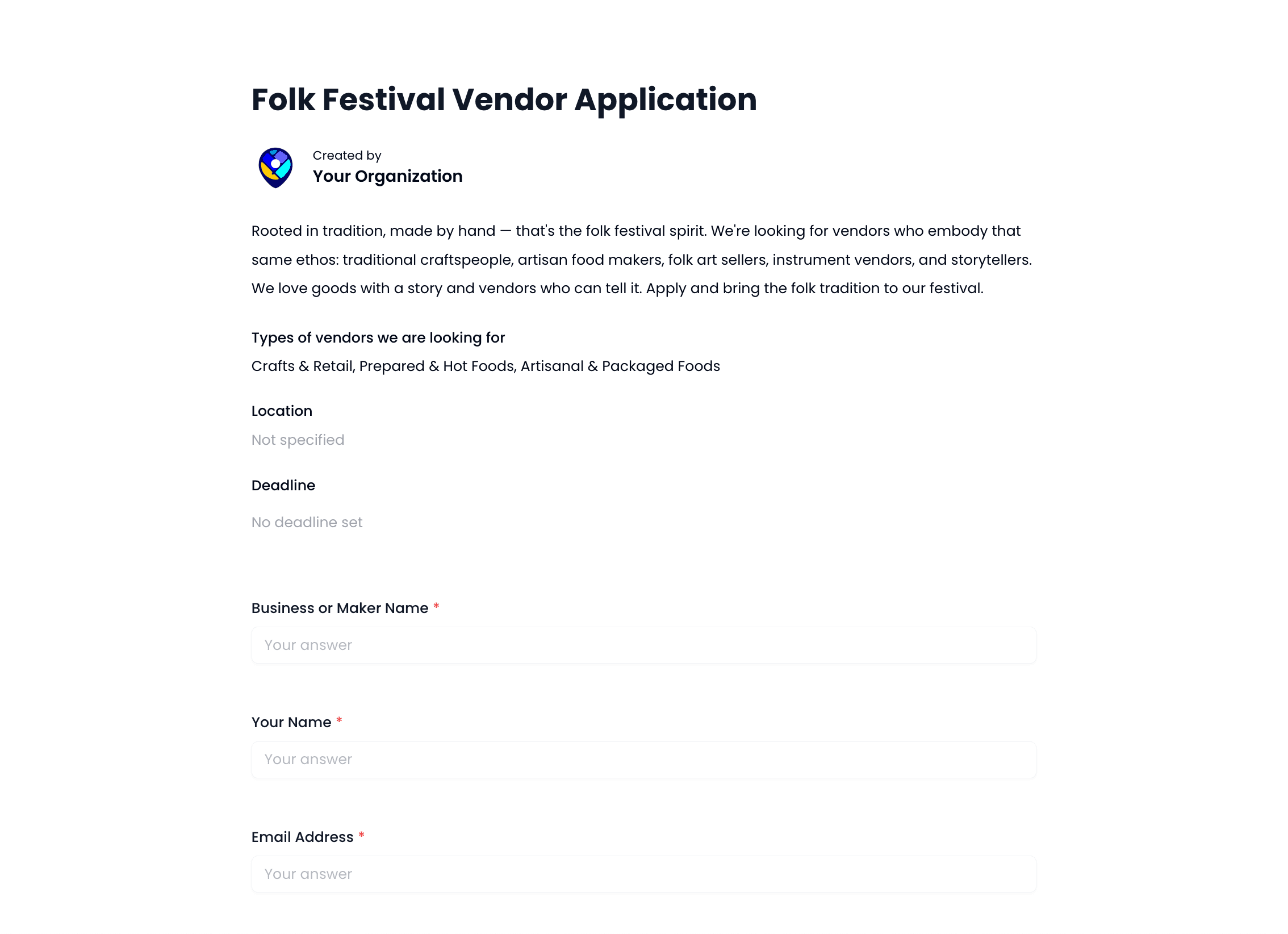 Folk Festival Vendor Application Template preview