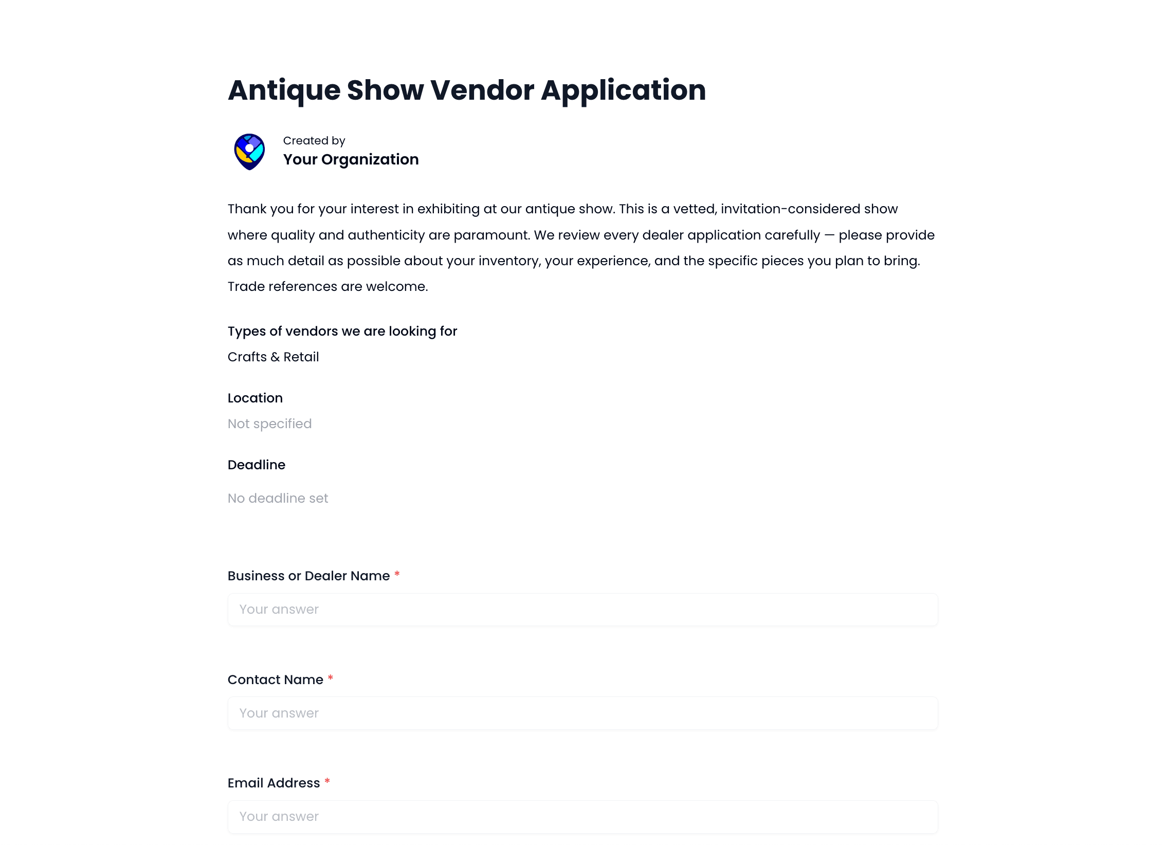 Antique Show Vendor Application Template preview