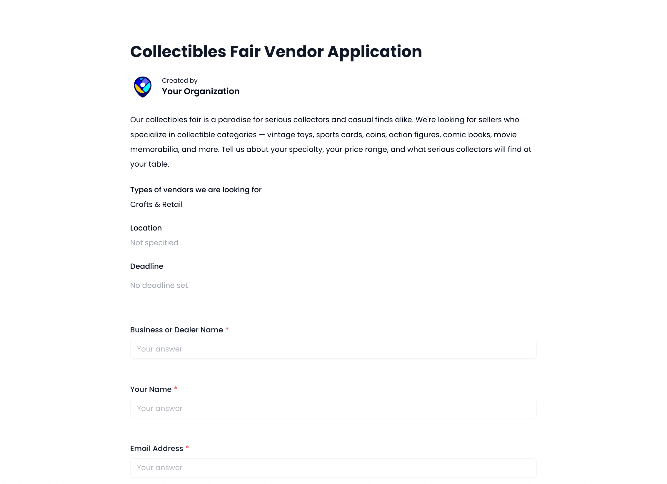 Collectibles Fair Vendor Application Template preview