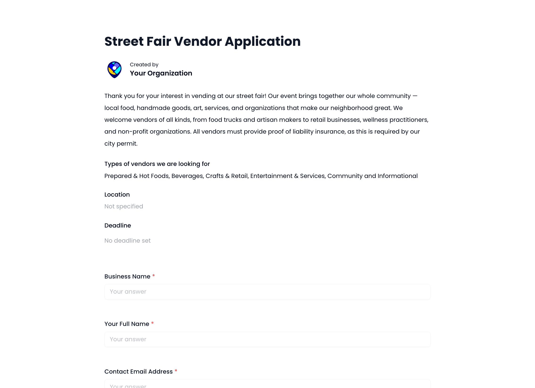Street Fair Vendor Application Template preview