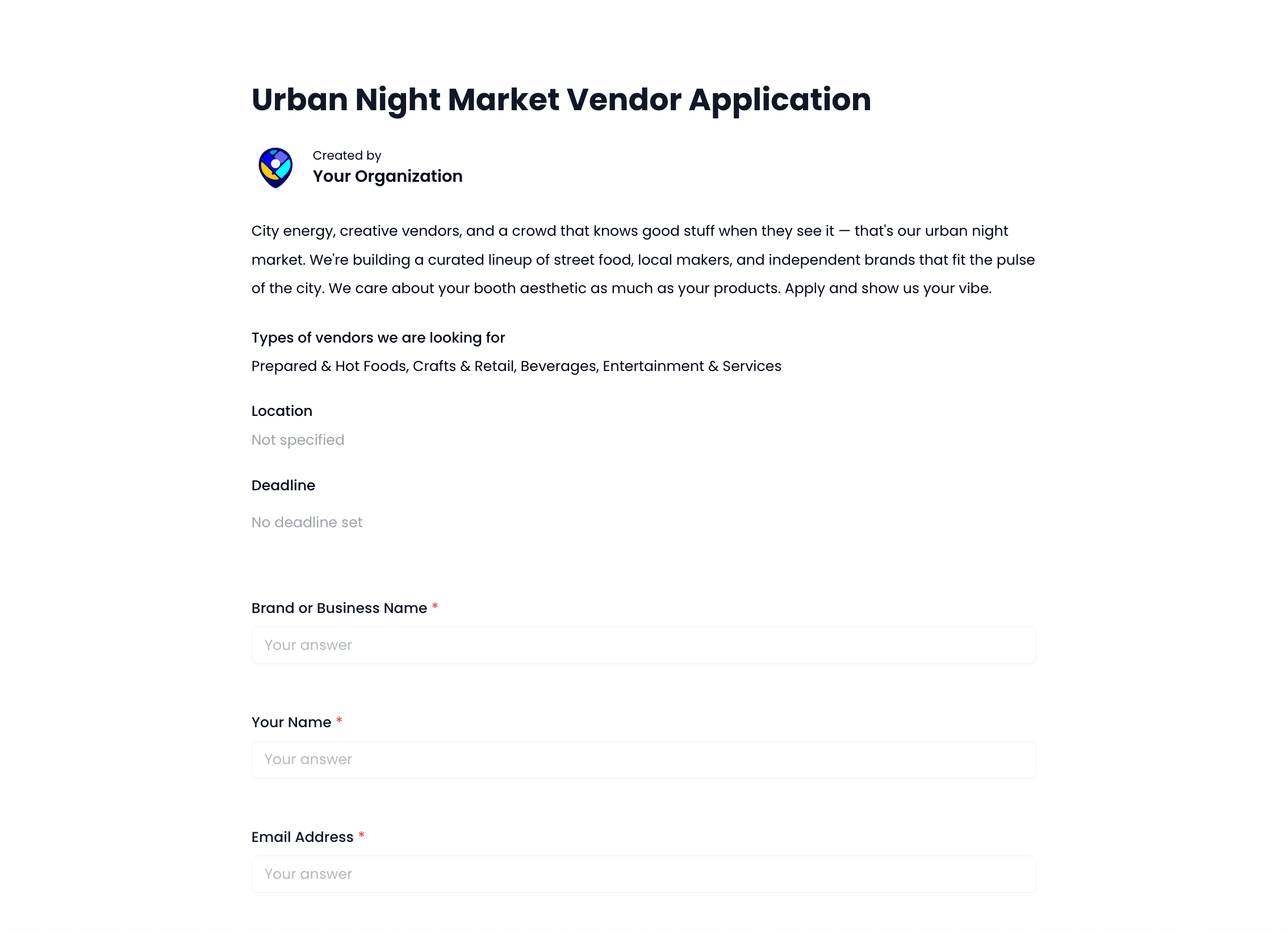 Urban Night Market Vendor Application Template preview