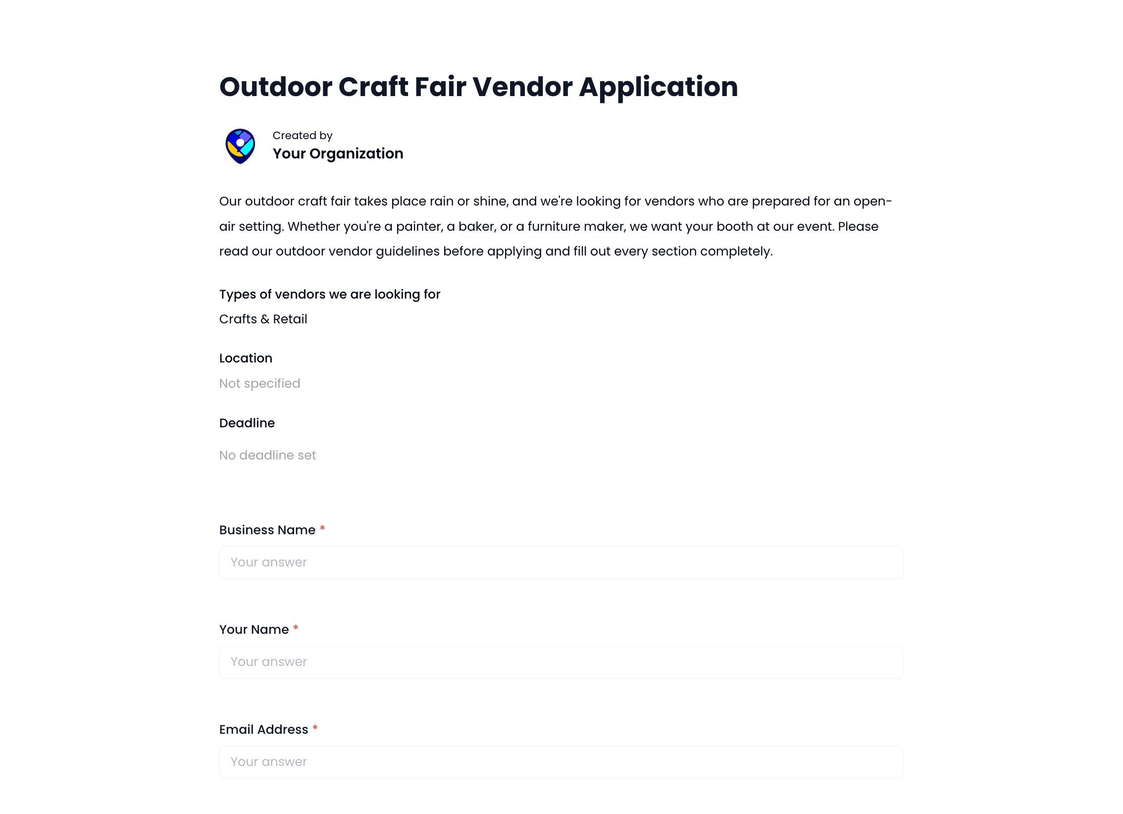 Outdoor Craft Fair Vendor Application Template preview