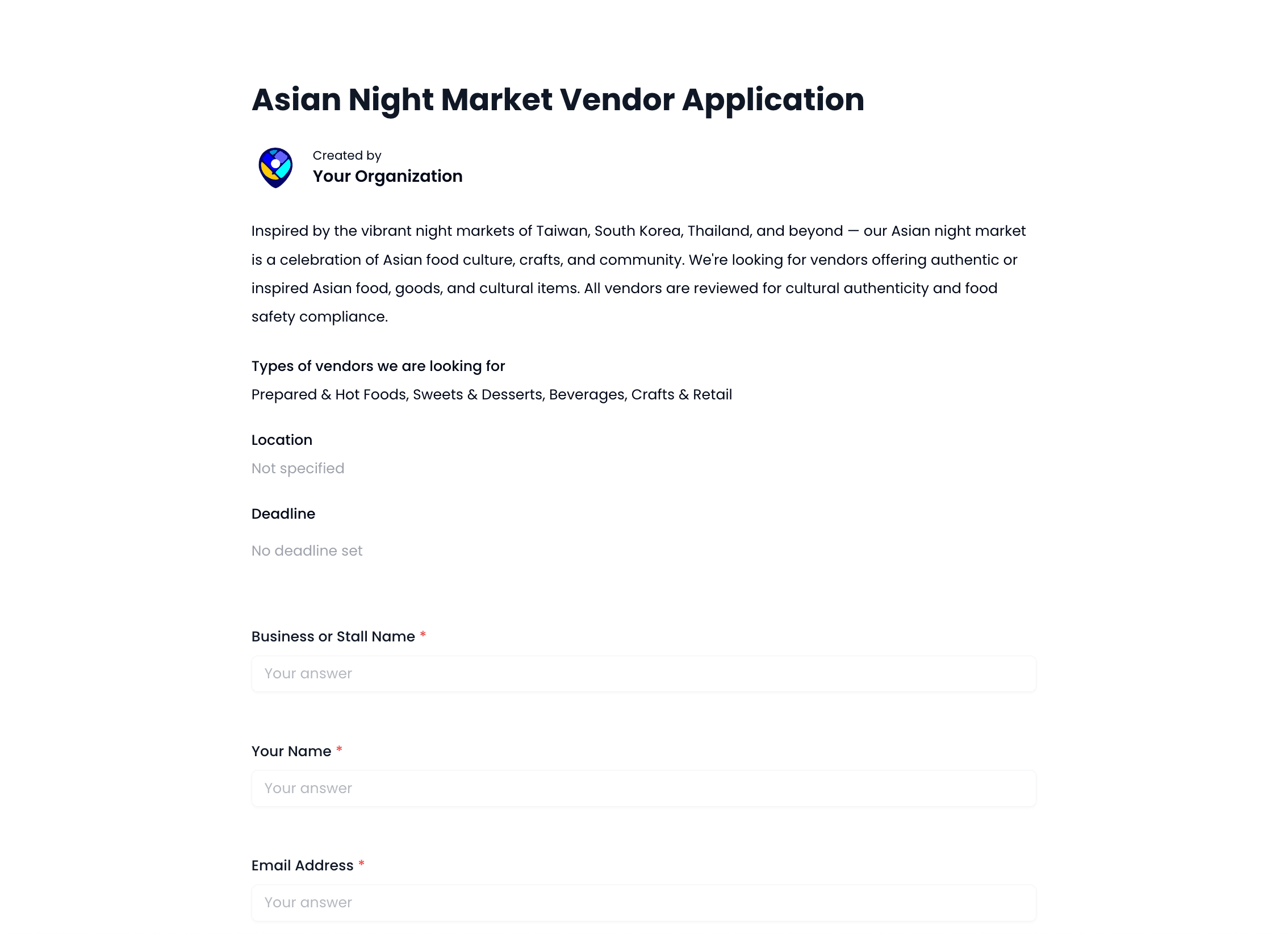 Asian Night Market Vendor Application Template preview
