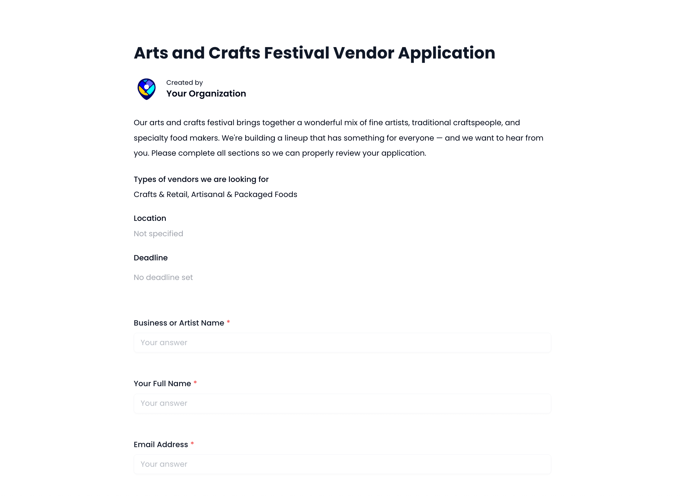 Arts and Crafts Festival Vendor Application Template preview