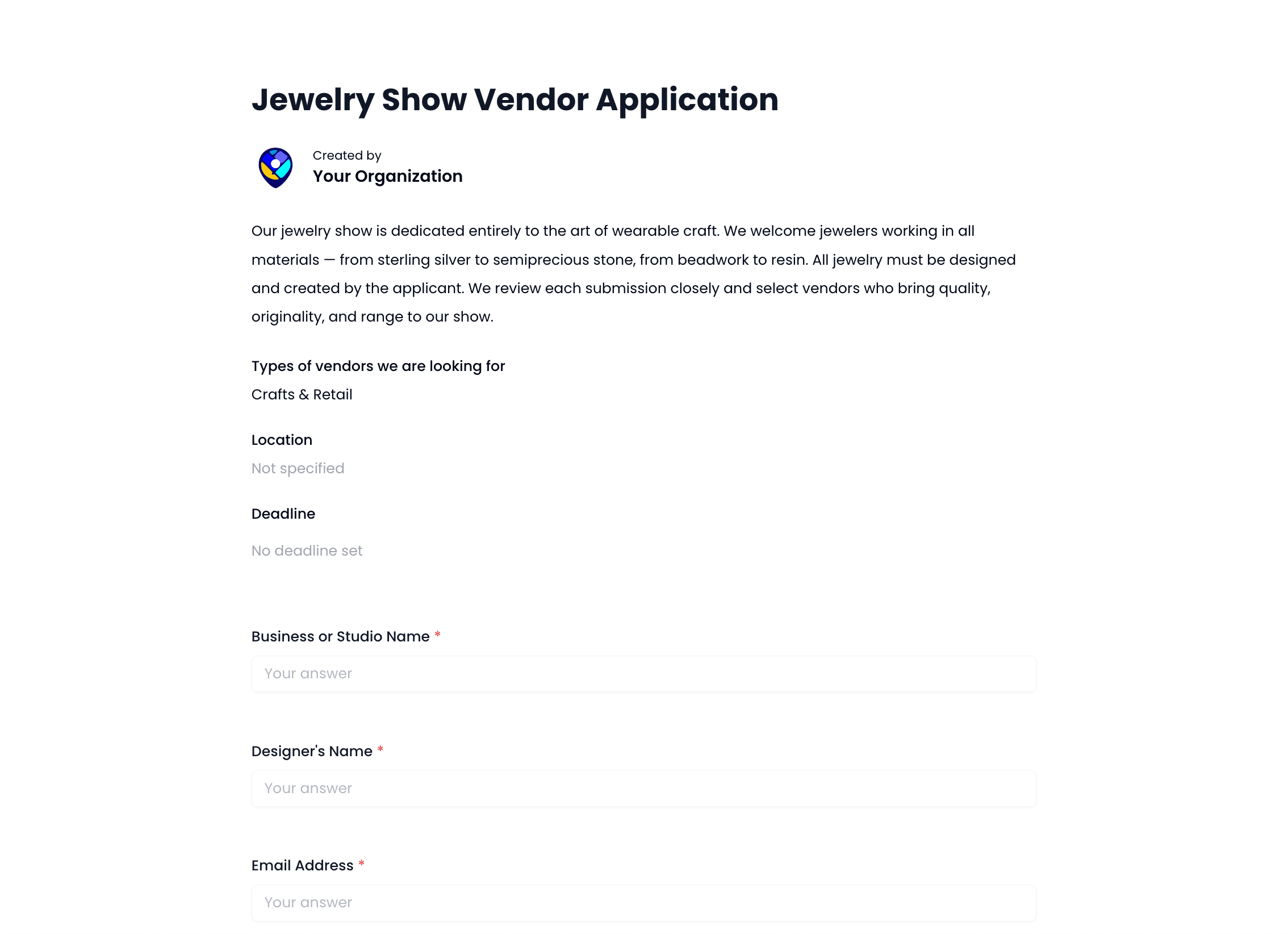 Jewelry Show Vendor Application Template preview