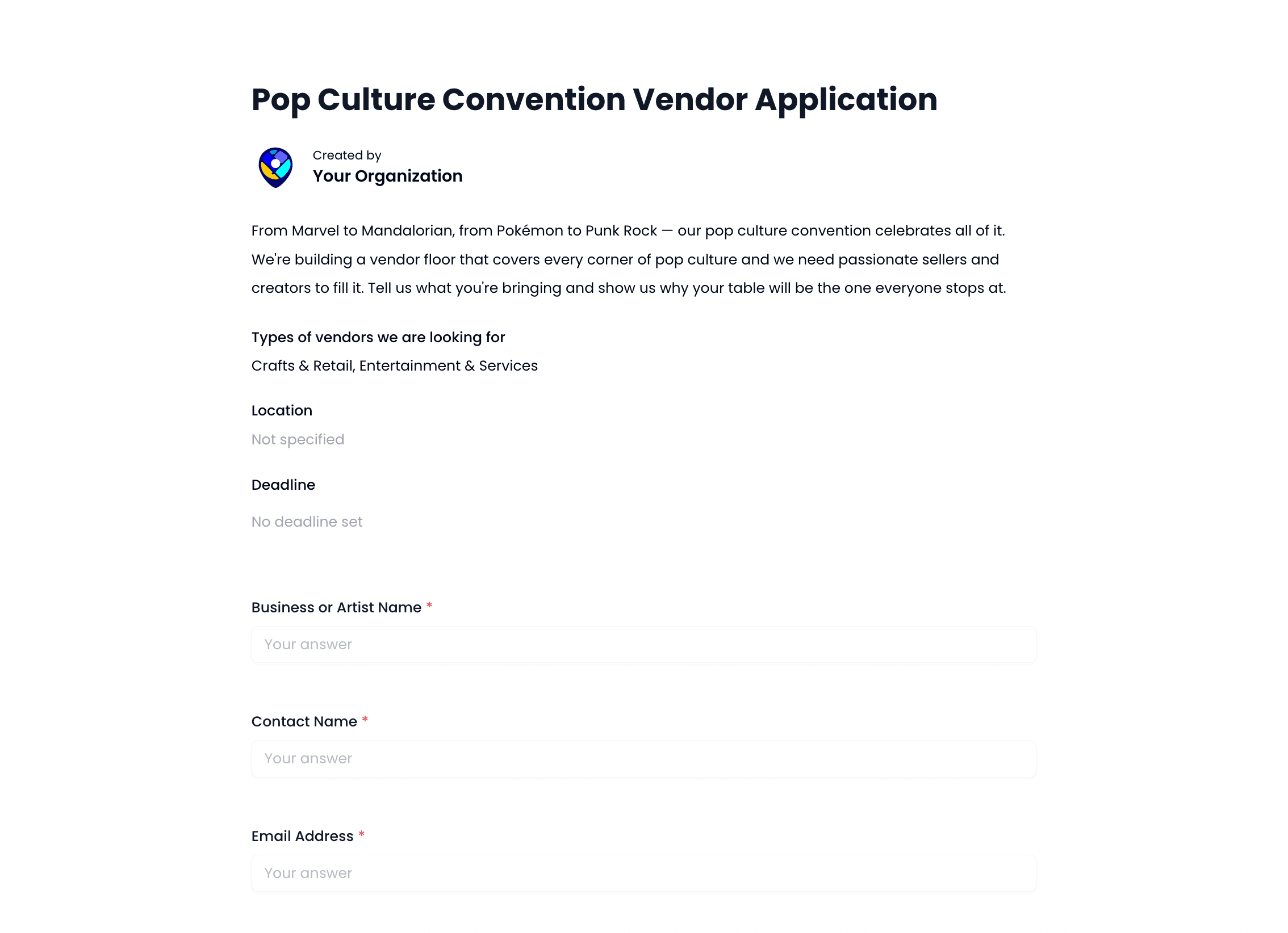 Pop Culture Convention Vendor Application Template preview