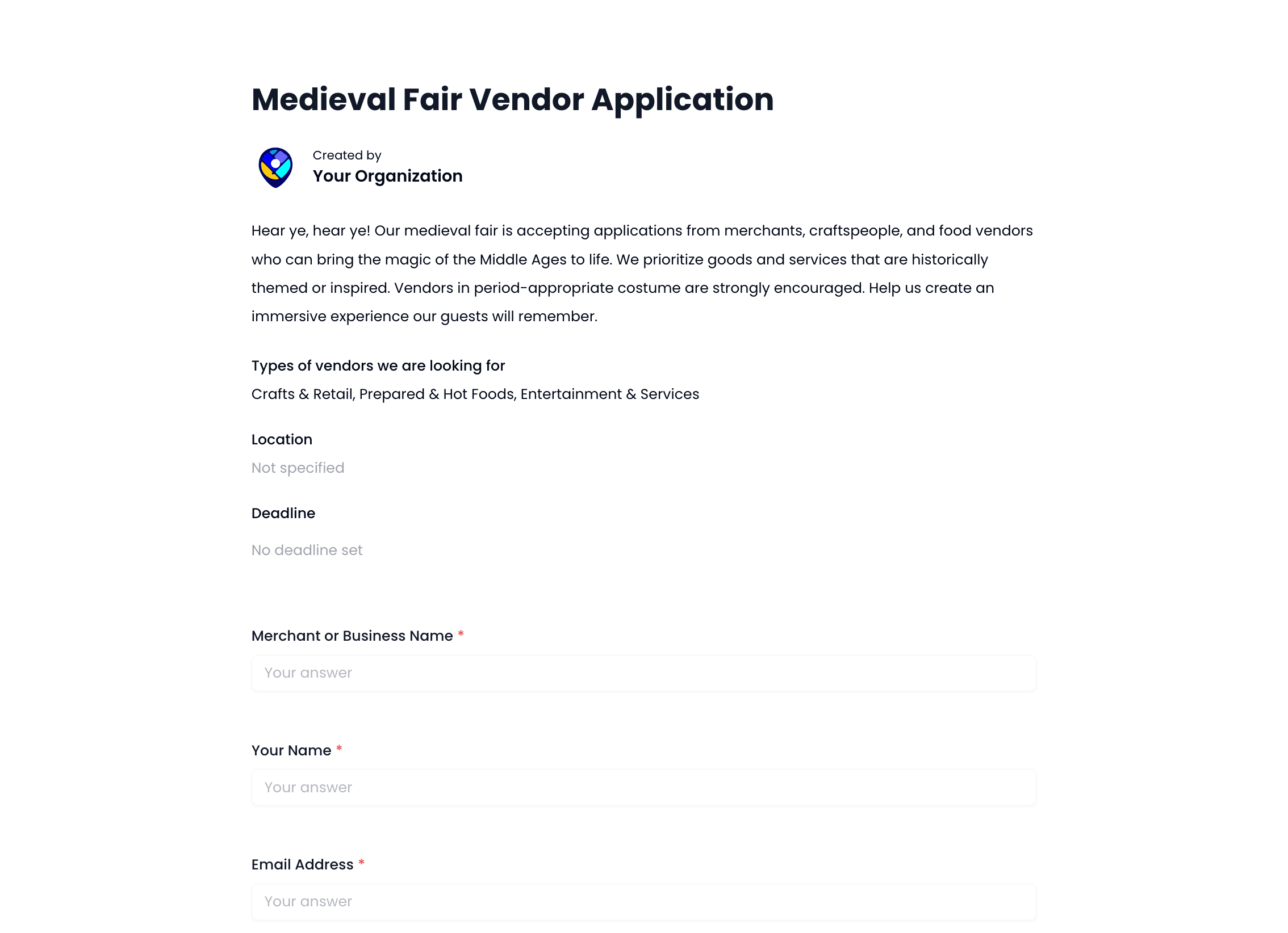 Medieval Fair Vendor Application Template preview