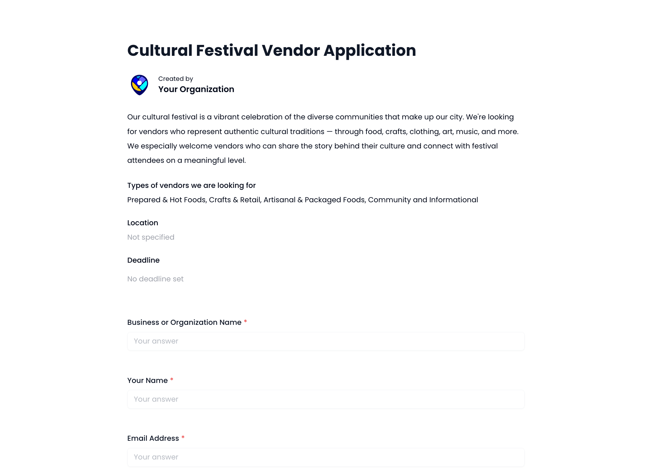 Cultural Festival Vendor Application Template preview