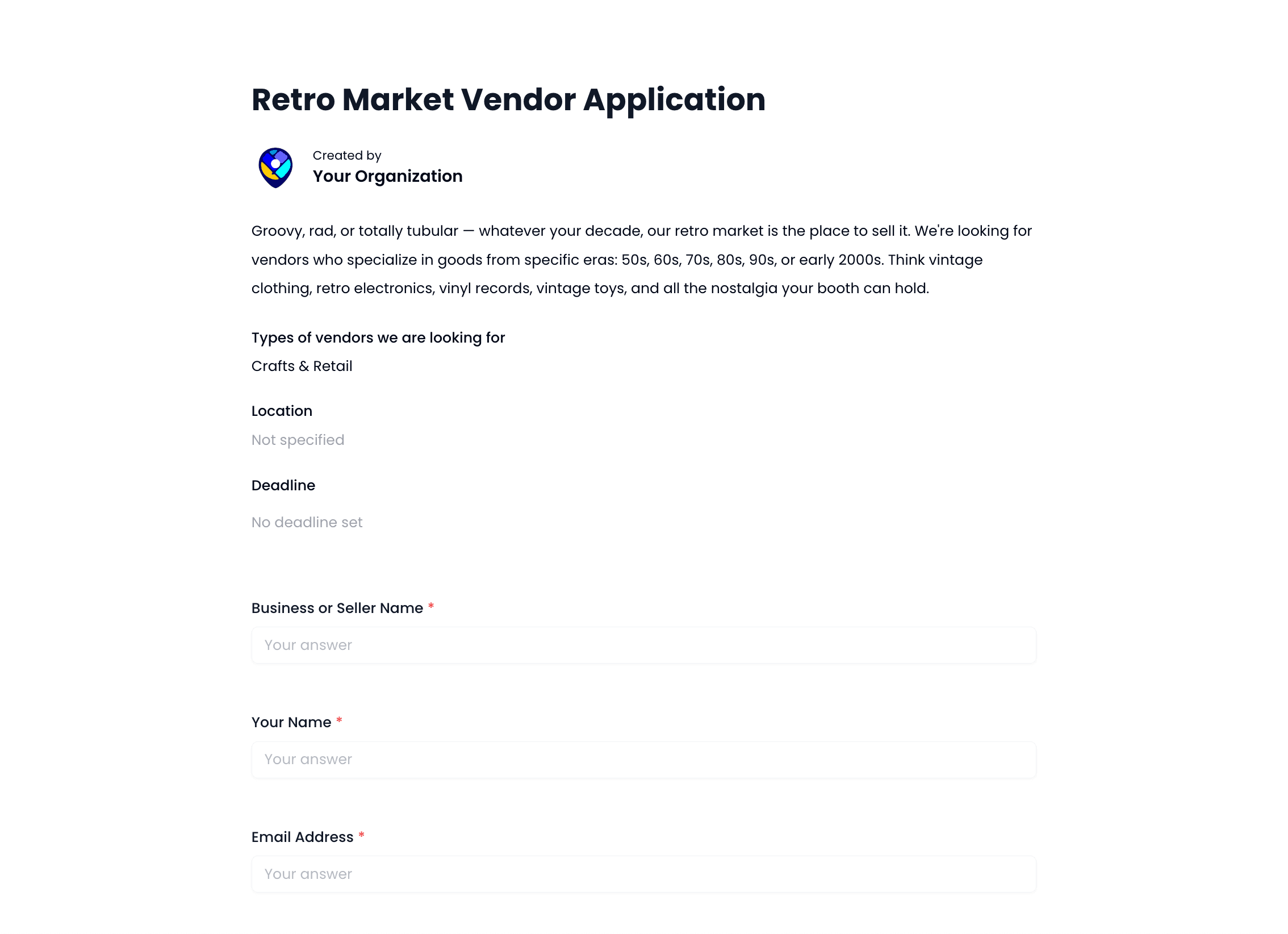 Retro Market Vendor Application Template preview
