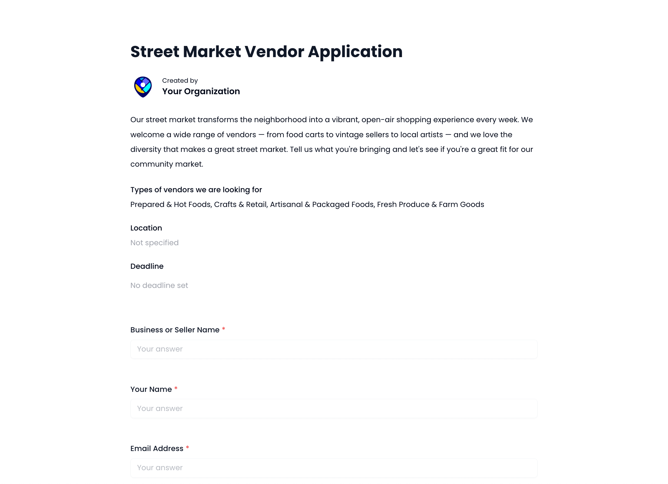 Street Market Vendor Application Template preview