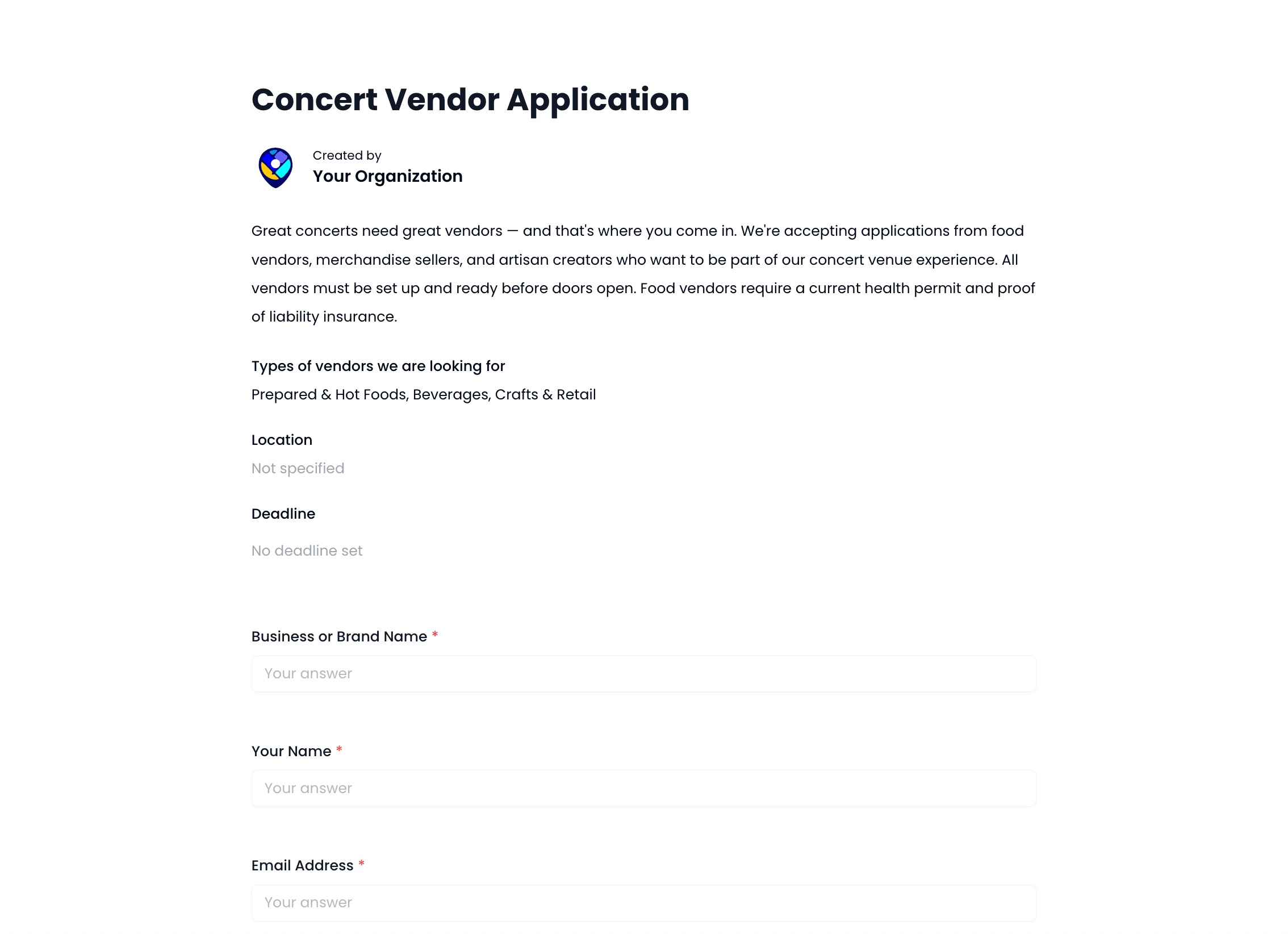 Concert Vendor Application Template preview