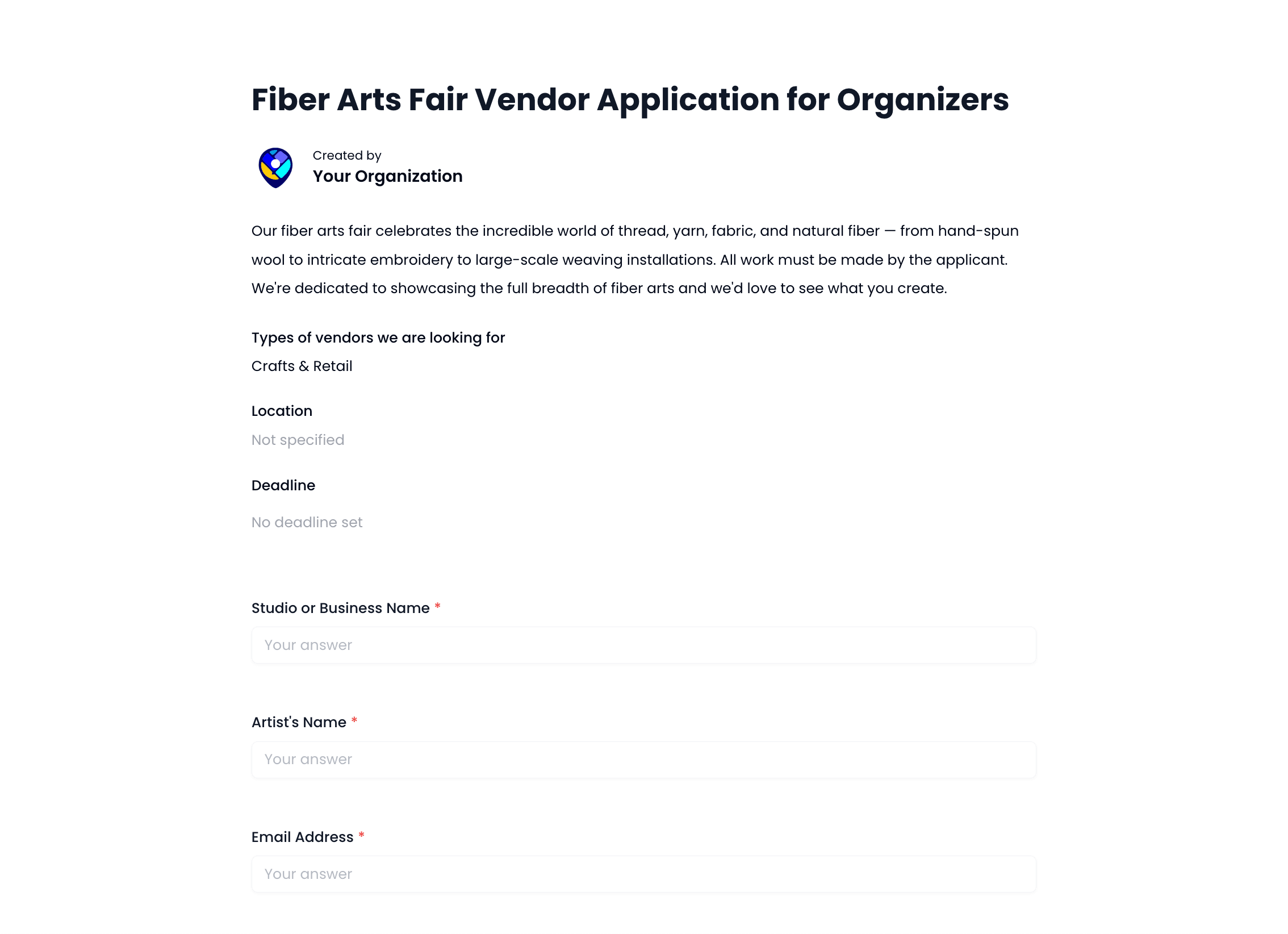 Fiber Arts Fair Vendor Application Template for Organizers preview
