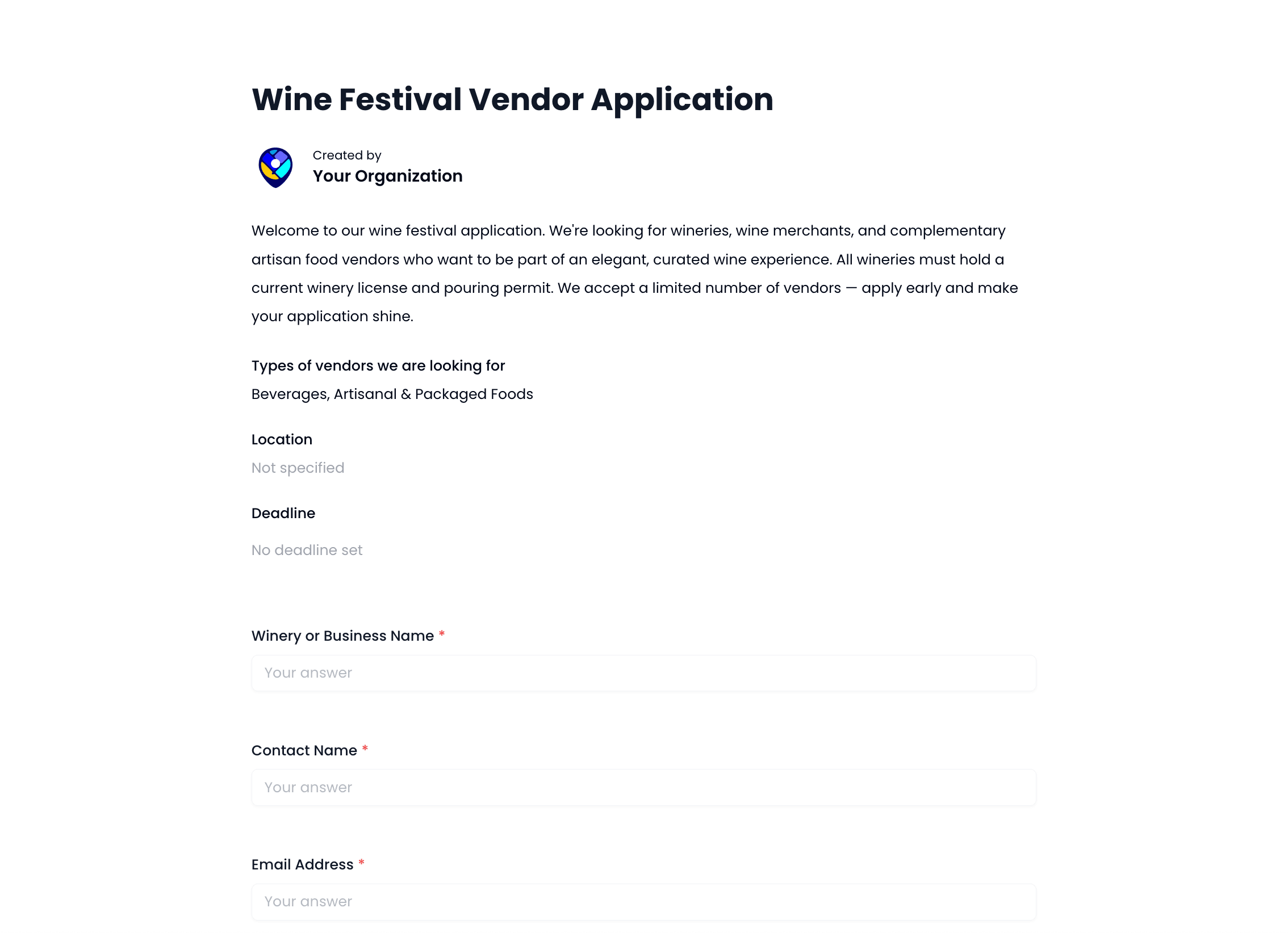 Wine Festival Vendor Application Template preview