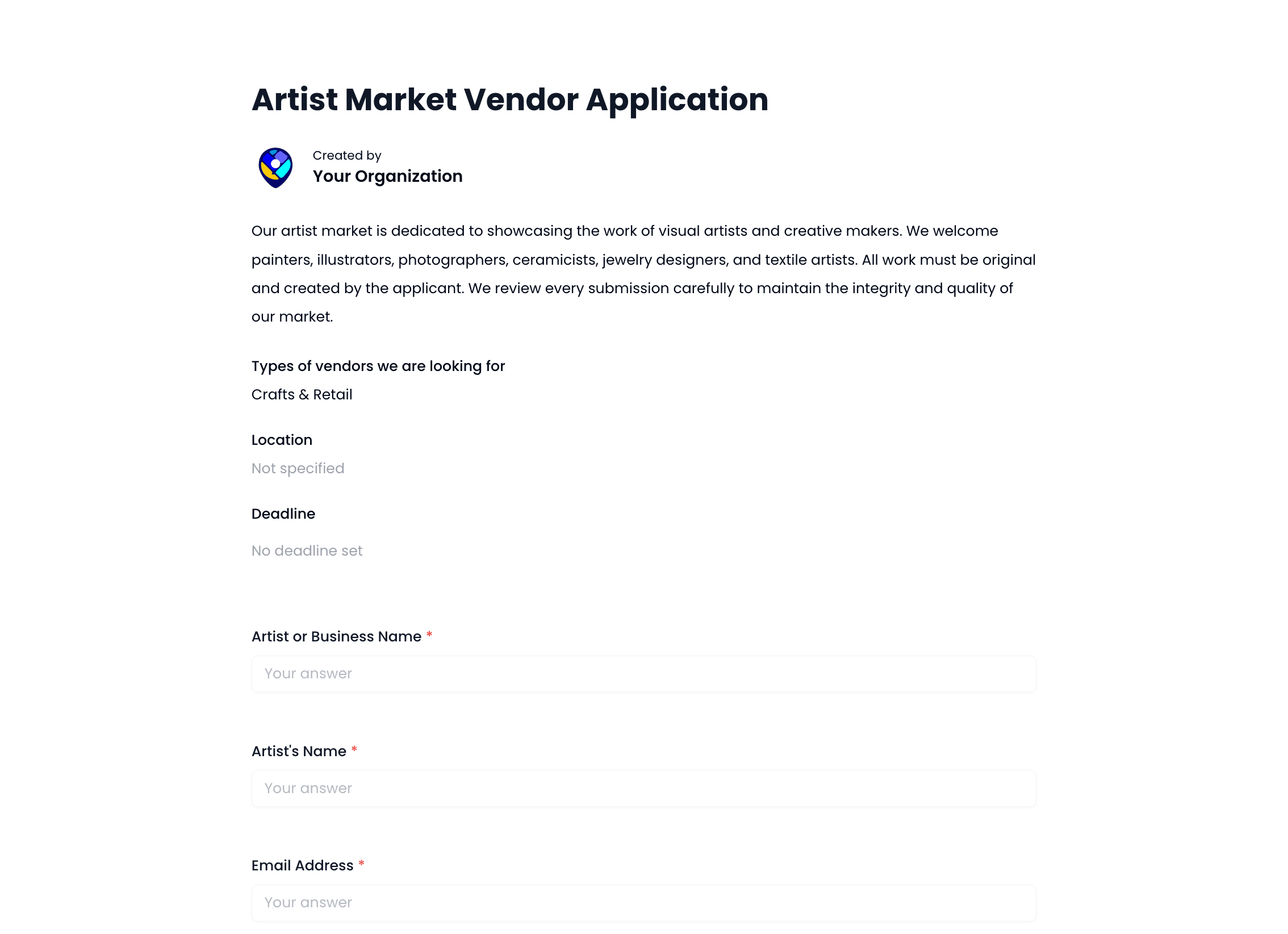 Artist Market Vendor Application Template preview