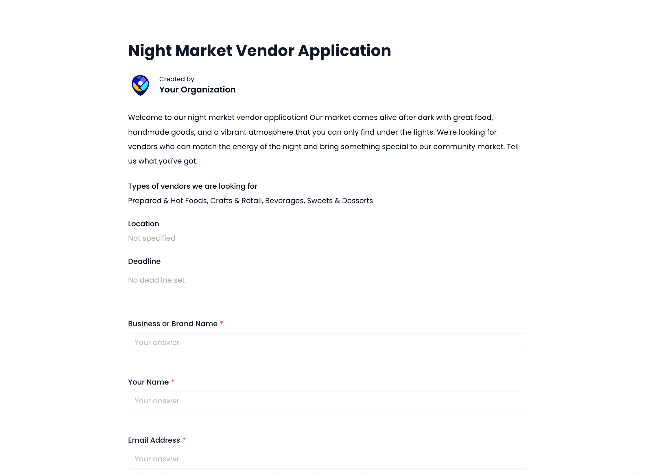 Night Market Vendor Application Template preview