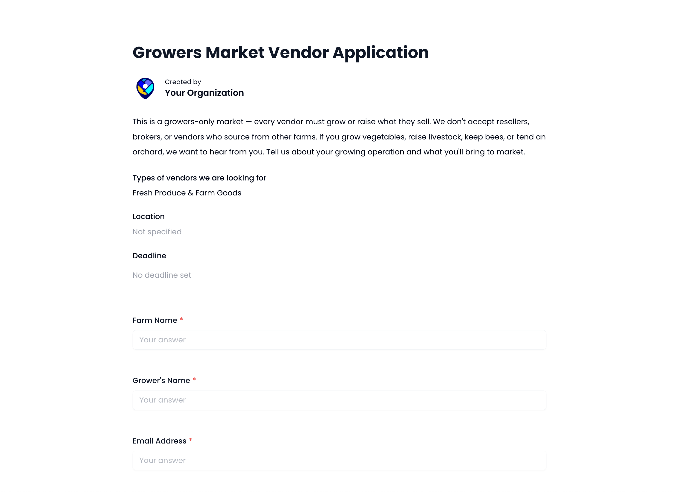 Growers Market Vendor Application Template preview