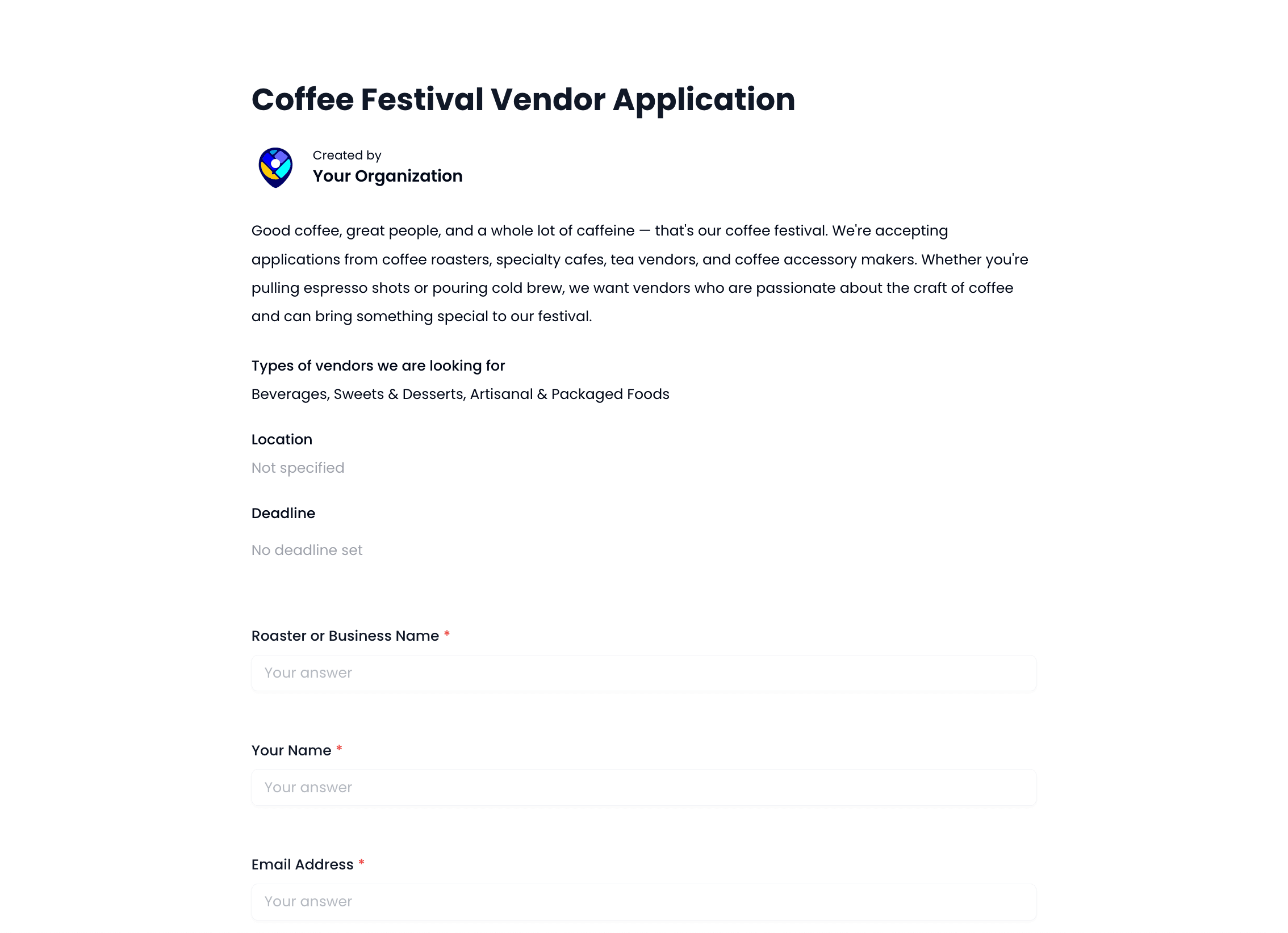 Coffee Festival Vendor Application Template preview