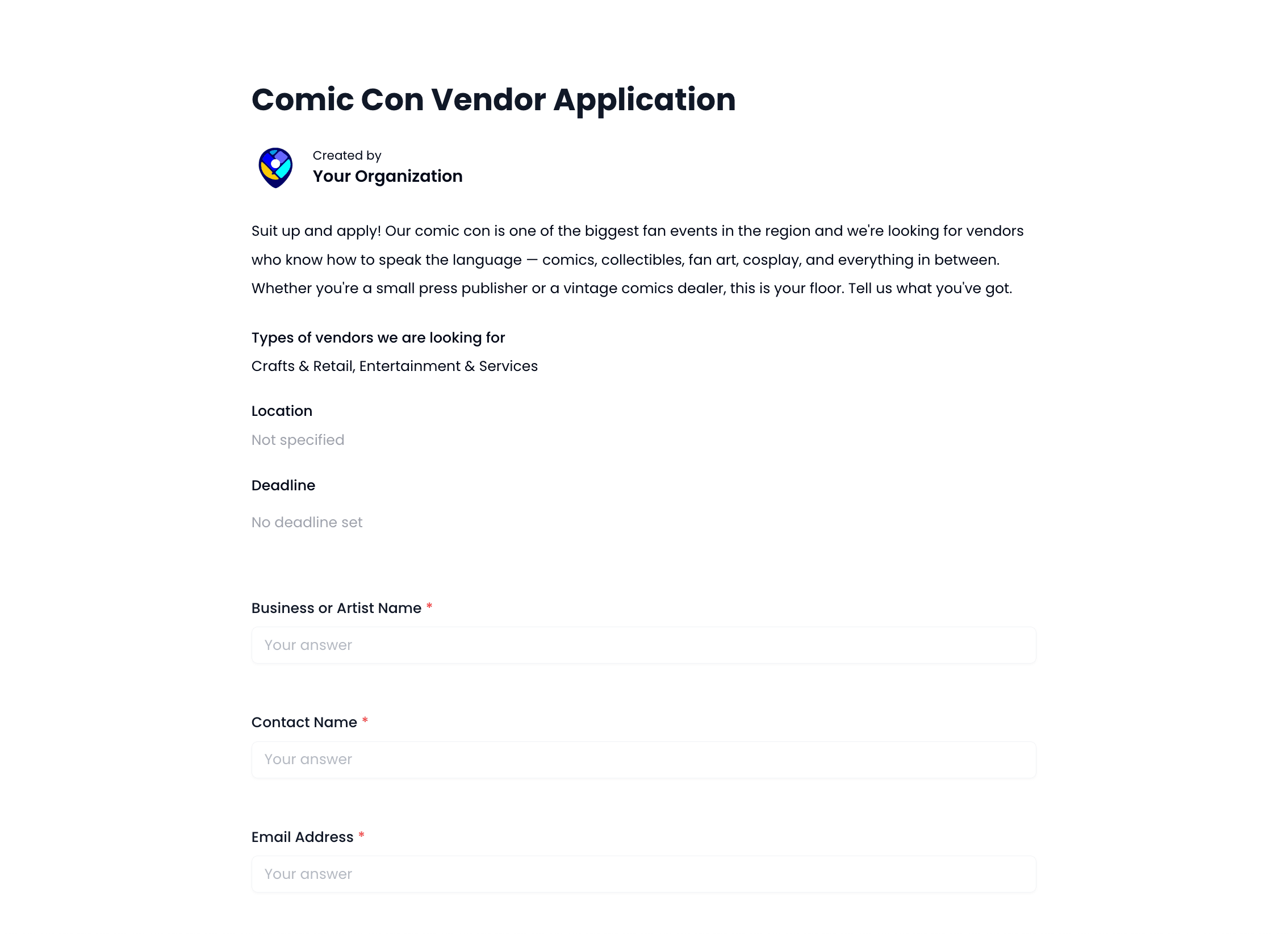Comic Con Vendor Application Template preview