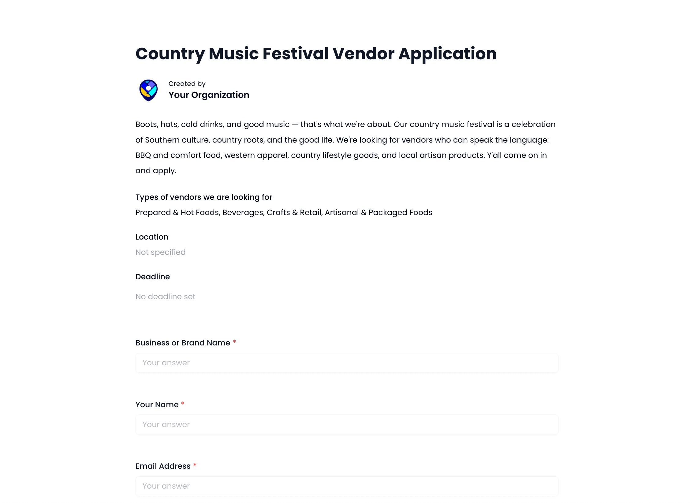Country Music Festival Vendor Application Template preview