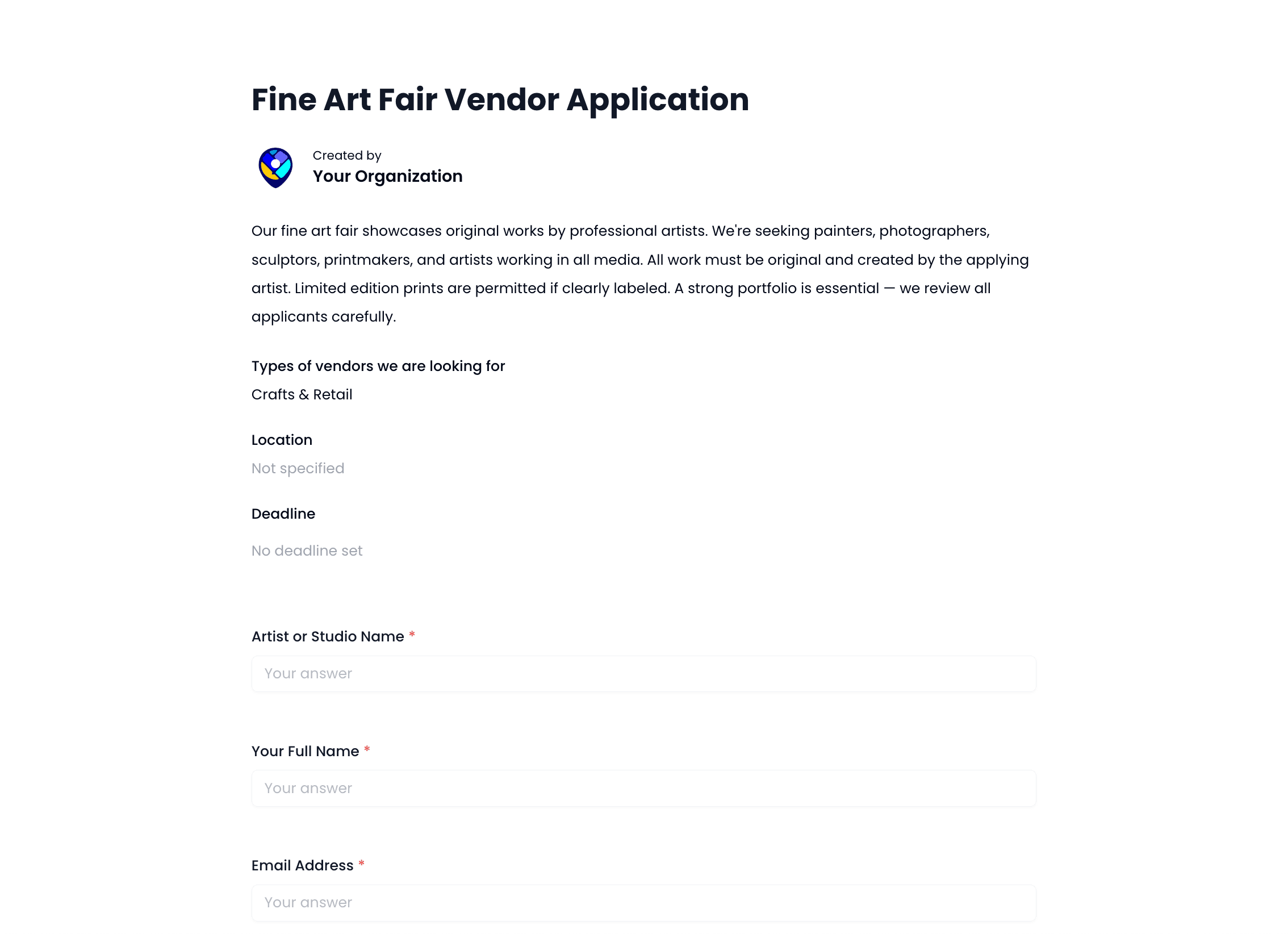 Fine Art Fair Vendor Application Template preview