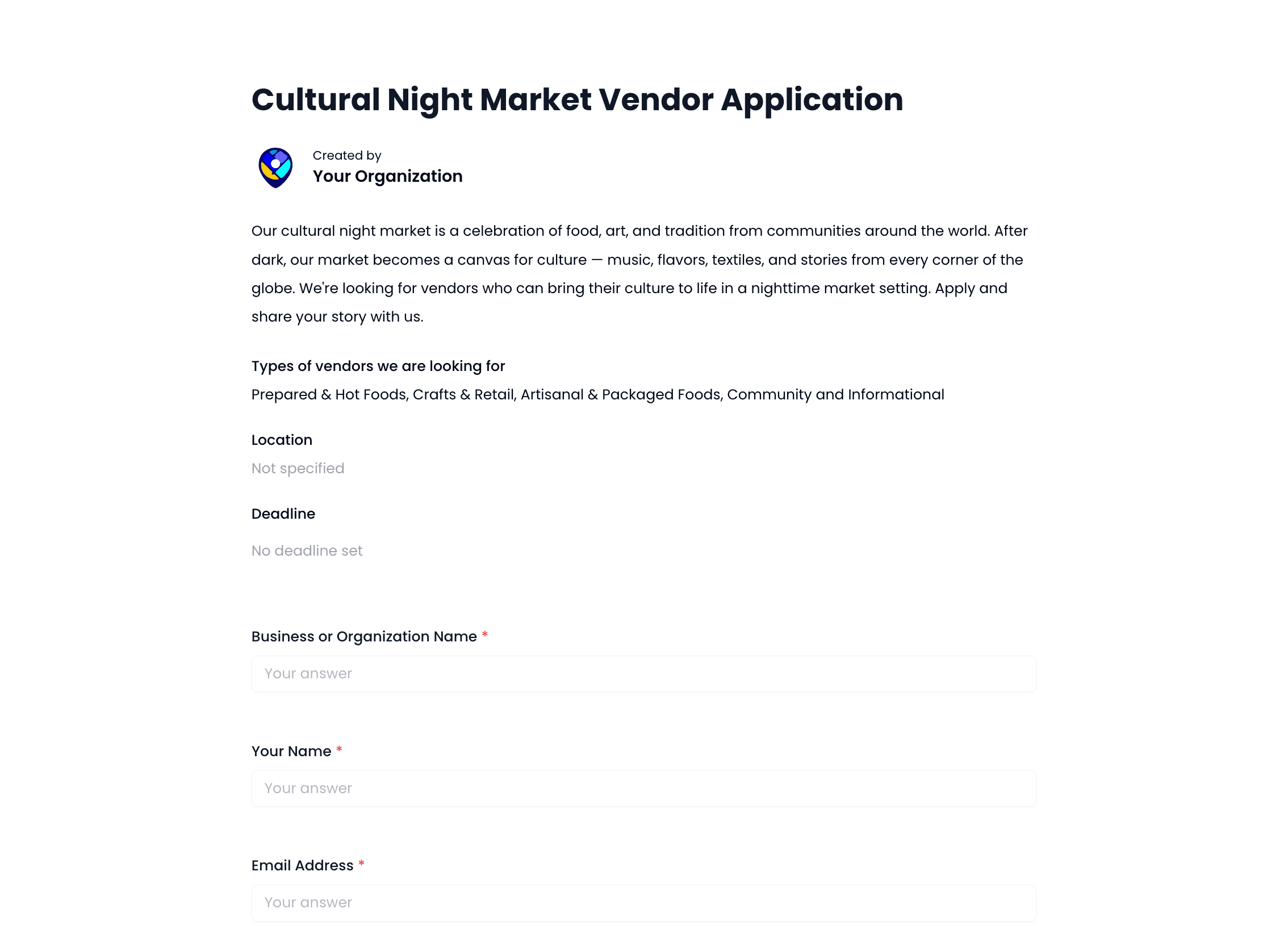 Cultural Night Market Vendor Application Template — Celebrate Diversity preview