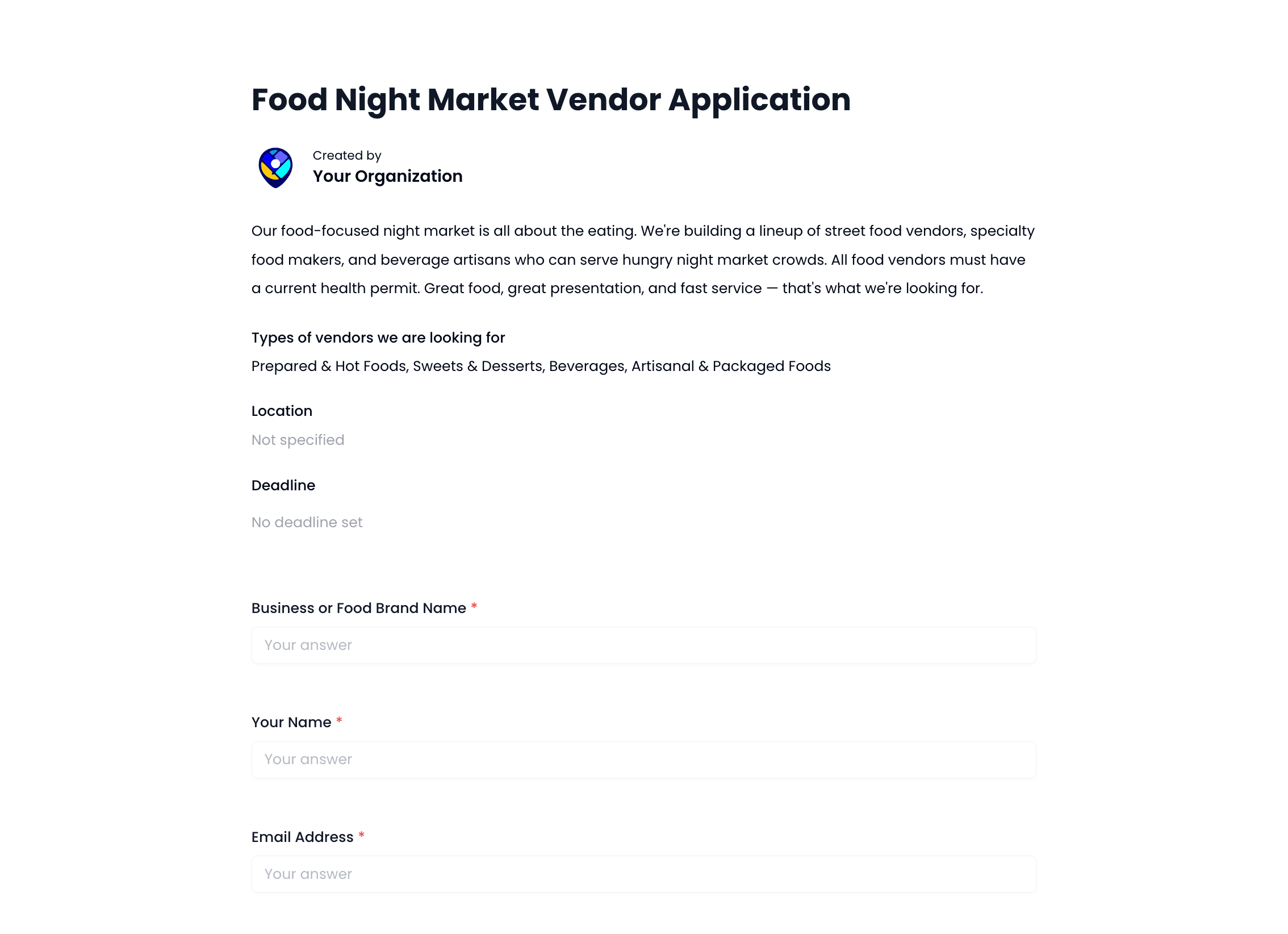 Food Night Market Vendor Application Template preview
