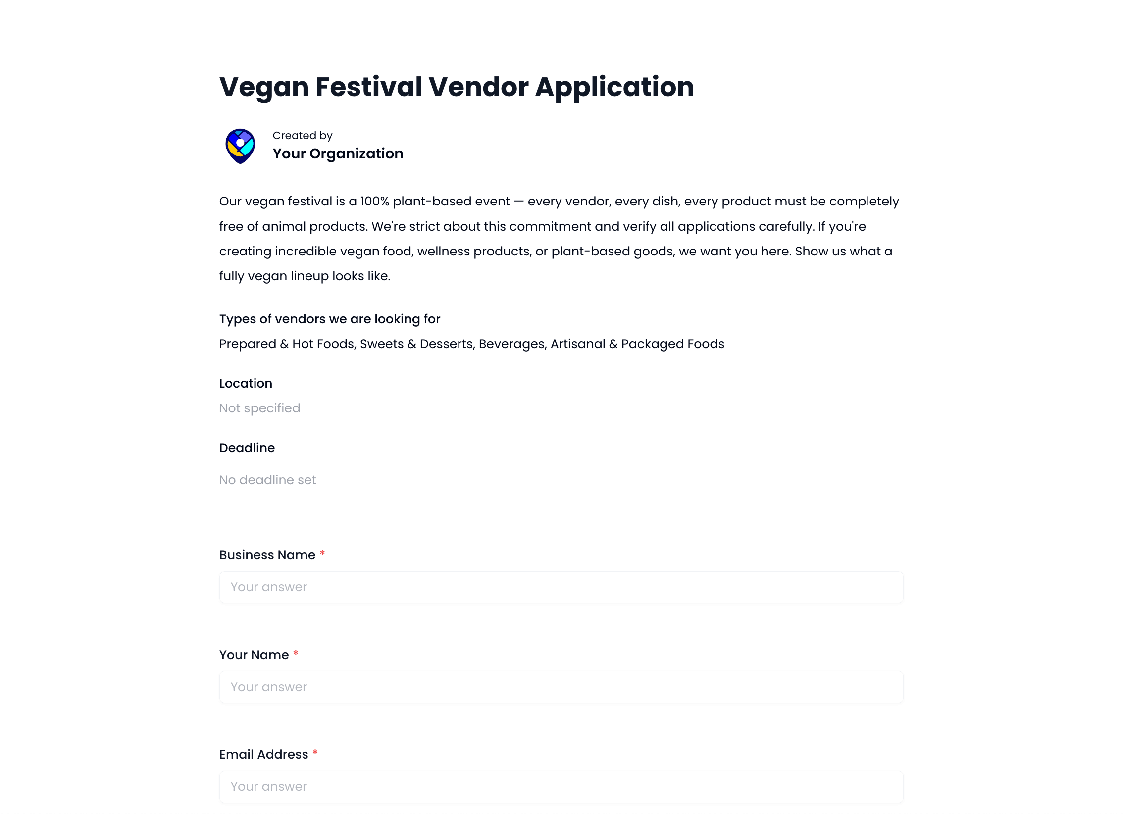 Vegan Festival Vendor Application Template preview
