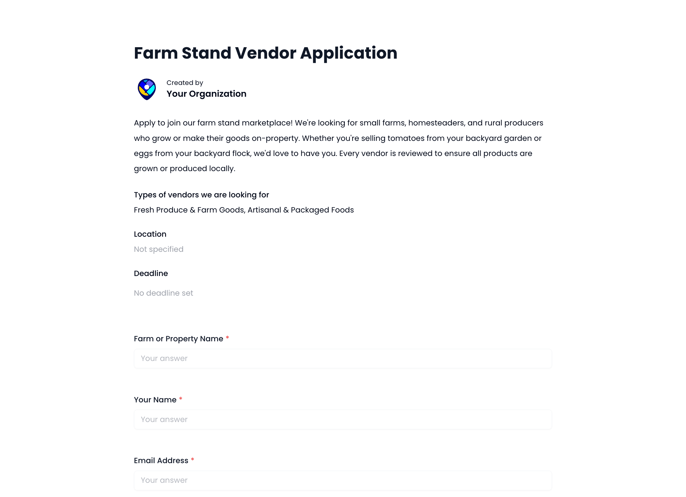Farm Stand Vendor Application Template preview